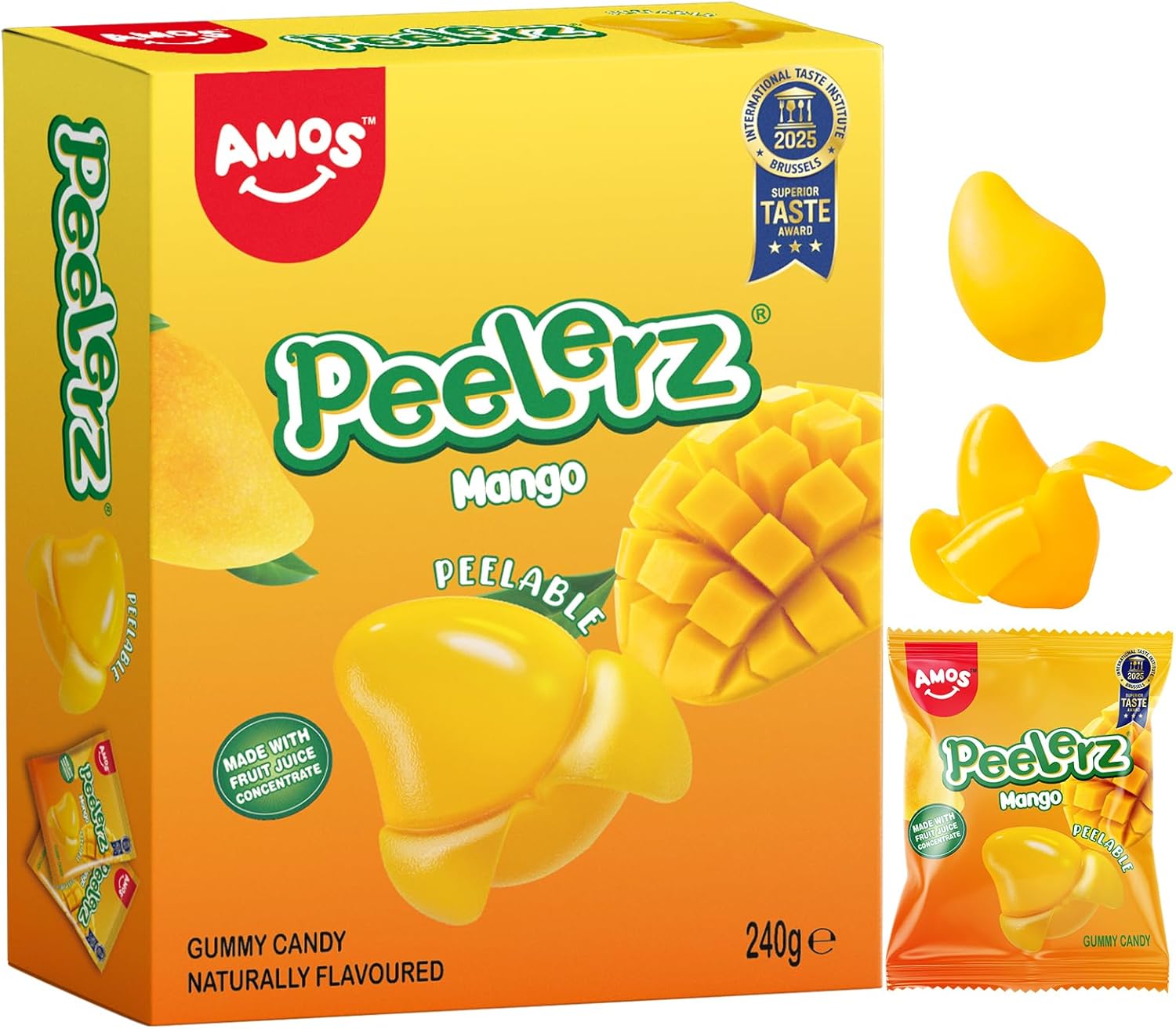 AMOS Peelerz Gummy Sweets, Mango Peelable Sweets Candy, 3D Fun Peeling Fruit Gums Candy, Made with Real Fruit Juice Chews Snacks Sweet for Party Celebration- Box Package 240G