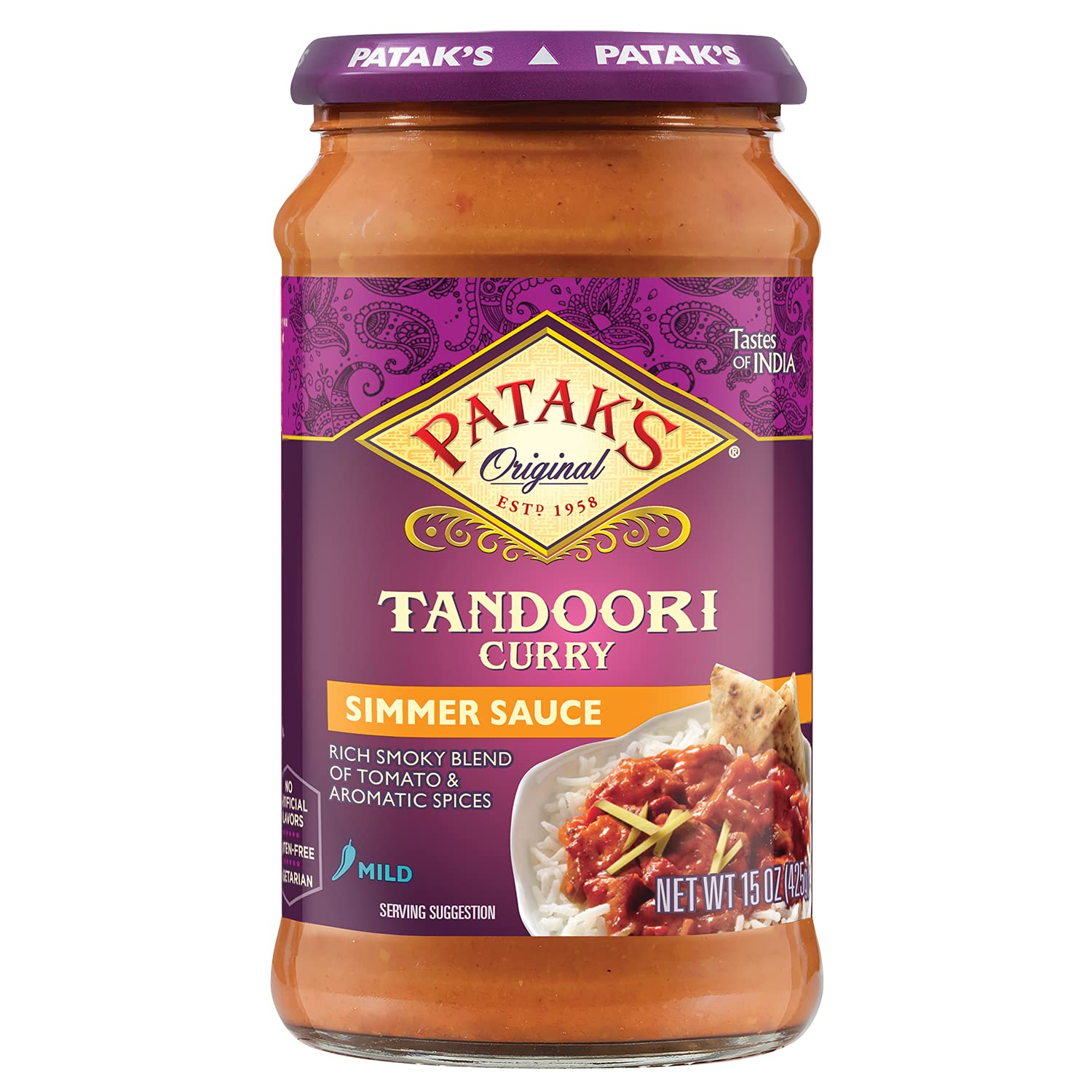 Patak's Tandoori Simmer Sauce - 15 Oz (Pack of 3) – Rich smoky Blend of Tomato and Aromatic Spices, No Artificial Flavors, Gluten Free, Vegetarian Friendly
