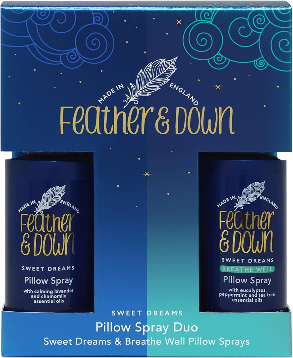 Feather & Down Pillow Spray Duo Gift Set (50ml Sweet Dreams Pillow Spray & 50ml Breathe Well Pillow Spray) - The Perfect Sleep Gift. Cruelty Free. Vegan Friendly.