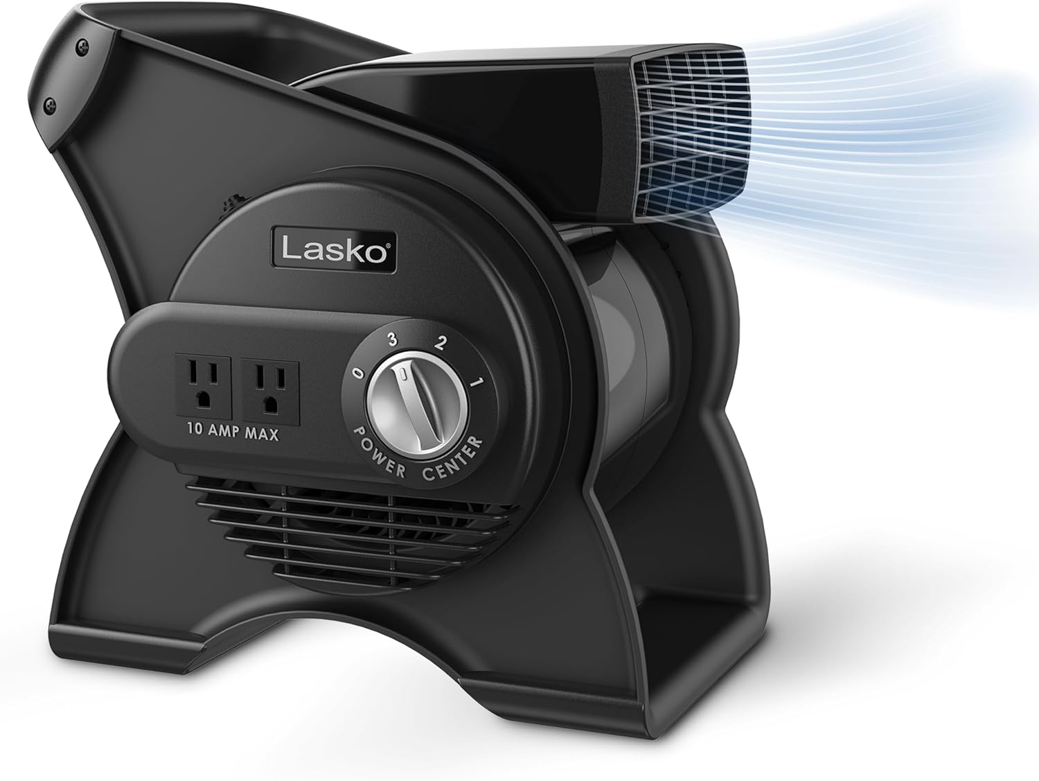 Lasko Portable Utility Fan, 12” 289 CFM Pivoting High Velocity Air Mover Blower Fan, 3 Speeds, 2 Accessory Outlets 120V, Black, U12104