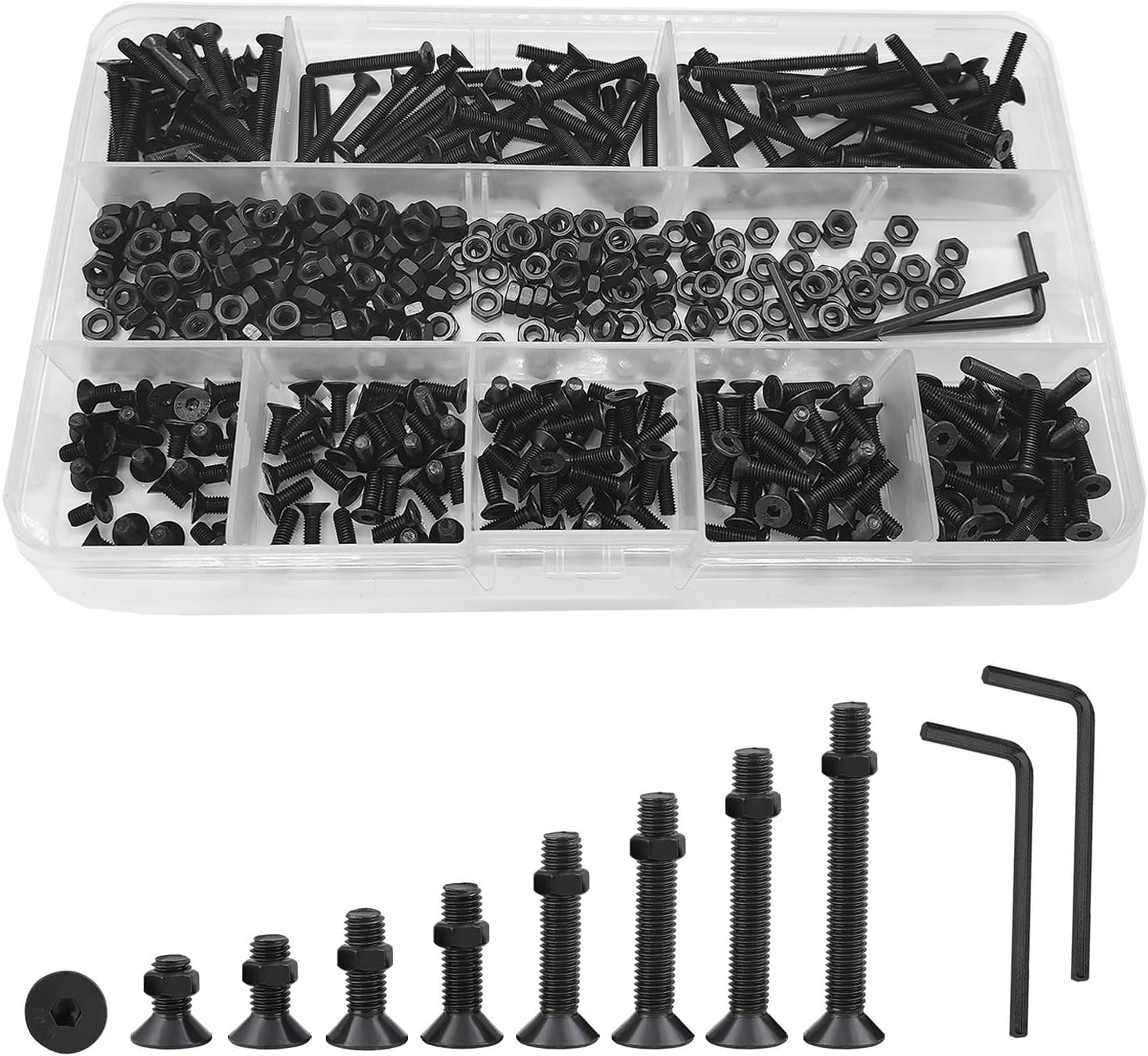 WeqeYent M3 Black Flat Head Screws Alloy Steel Hex Socket Cap Bolts and Nuts, Hexagon Countersunk Machine Screw Fasteners Assortment Set Kit (482 Pcs)