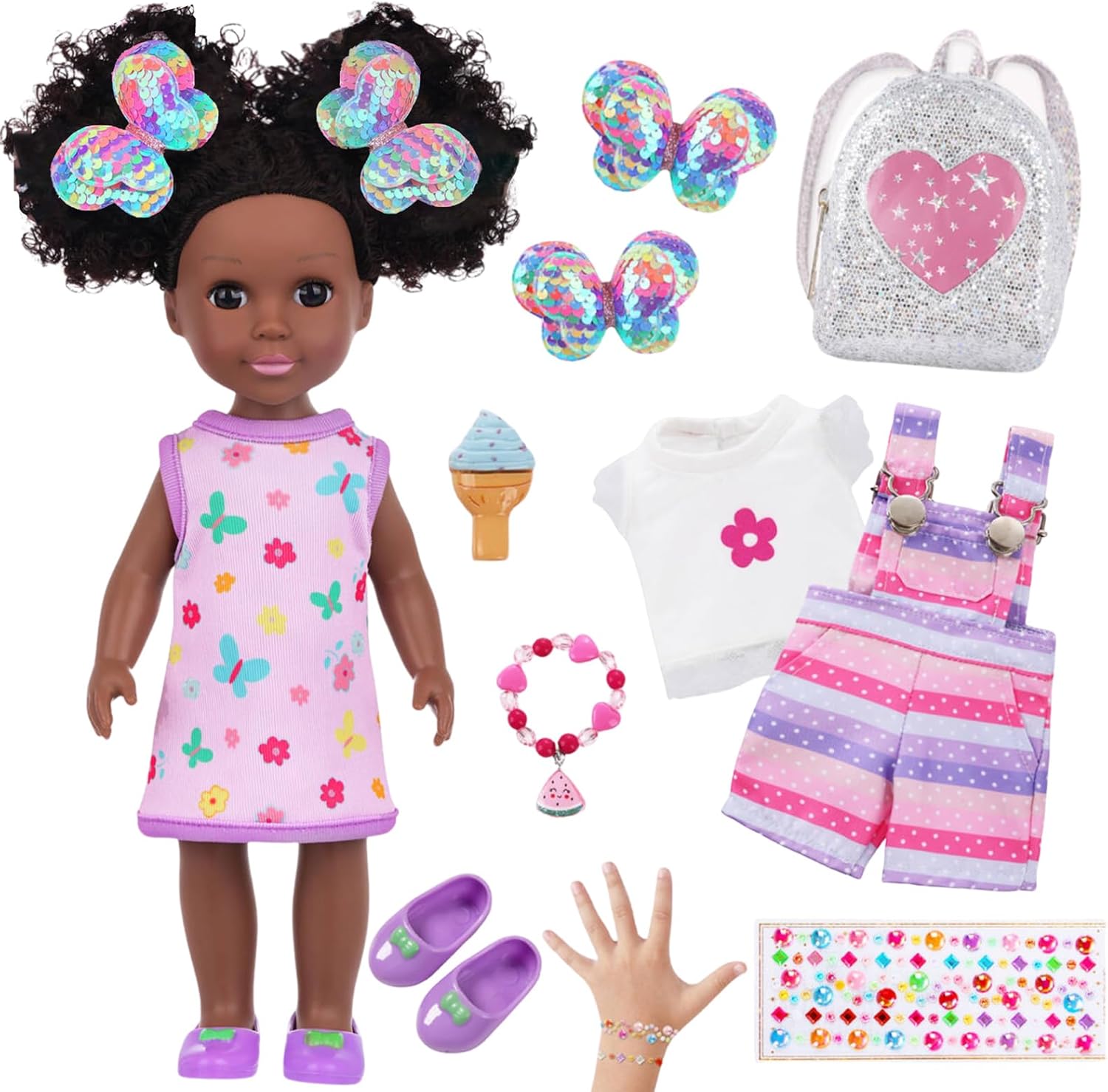 ZQDOLL 14.5 inch Black Doll and Black Baby Doll Clothes and Accessories Set, African Baby Doll with 2 Sets Clothes Shoes Backpack Hairclip Bracelets Diamond Stickers etc- Best Gift for Girls