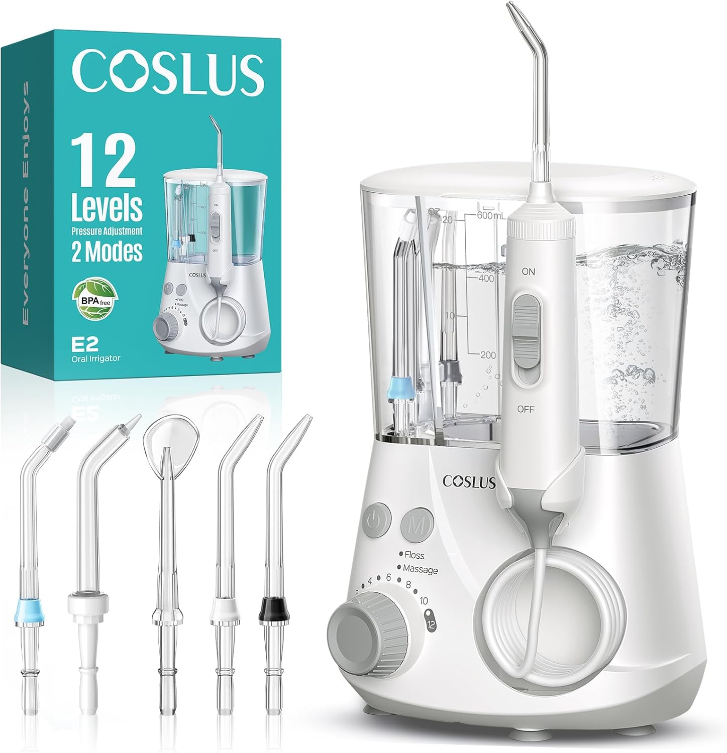 COSLUS Professional Water Flosser for Teeth: 2 Modes & 12 Pressure Settings Electric Dental Pick for Orthodontic, Braces, Sensitive Gums - Home Use, 5 Jet Tips for Multiple Users, Family, White, E2