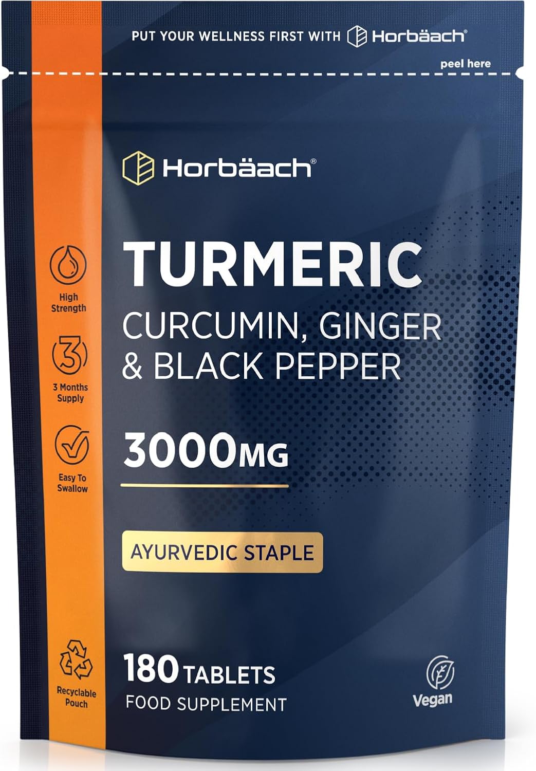 Turmeric Tablets 3000mg with Black Pepper & Ginger | 95% Curcuminoids | High Strength Active Curcumin Extract | 180 Vegan Tablets (Not Capsules) - 3 Month Supply | Horbaach