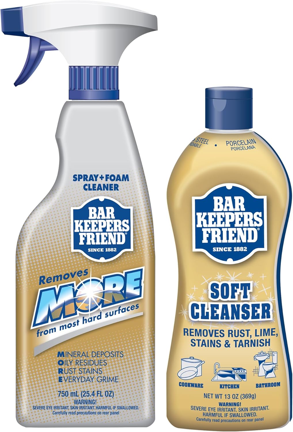 Bar Keepers Friend Soft Cleanser (13 oz) and MORE Spray + Foam (25.4 oz) Multipurpose Cleaner Bundle, Stain & Rust Remover for Multi Surface Bathroom, Kitchen & Outdoor Cleaning