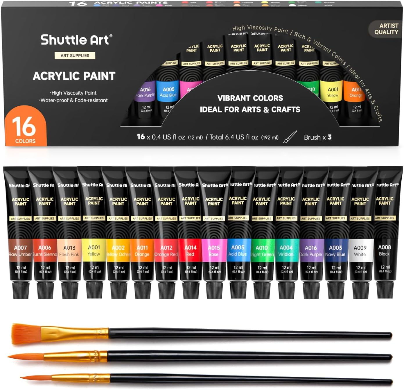 Shuttle Art Acrylic Paint Set, 16 x12ml Tubes Artist Quality Non Toxic Rich Pigments Colors Great for Kids Adults Professional Painting on Canvas Wood Clay Fabric Ceramic Crafts