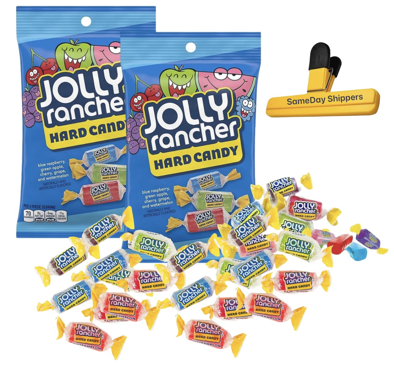 CLASSIC ORIGINAL JOLLY RANCHER HARD CANDY (2 PACK -7 OZ Each) | Individually Wrapped Assorted Fruit Flavor - Blue Raspberry, Green Apple, Cherry, Grape, watermelon | Cholesterol-free Fat-free Hard Candy | SameDay Shippers Bag Clip Included
