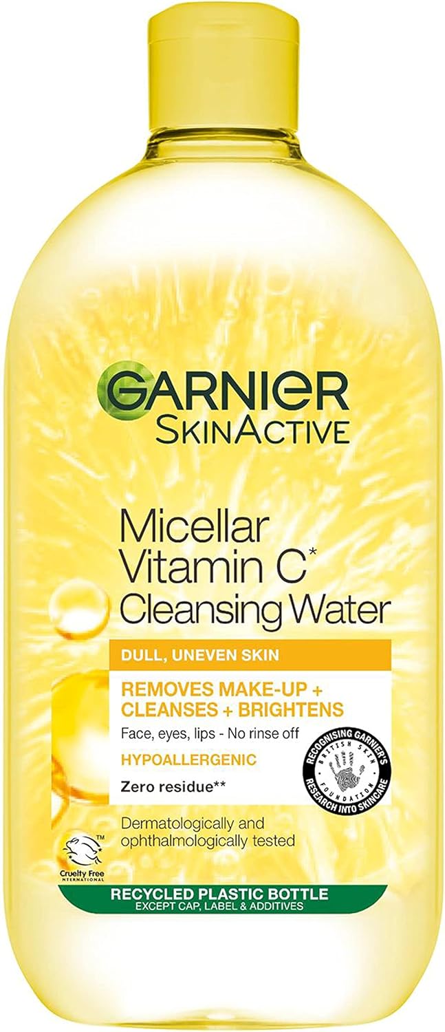 Garnier Micellar Vitamin C Cleansing Water, Gentle face Cleanser & Makeup Remover, Hypoallergenic. Vegan Formula, Suitable For Dull And Uneven Skin, Brightening Formula, Dermatologically Tested, 700ml