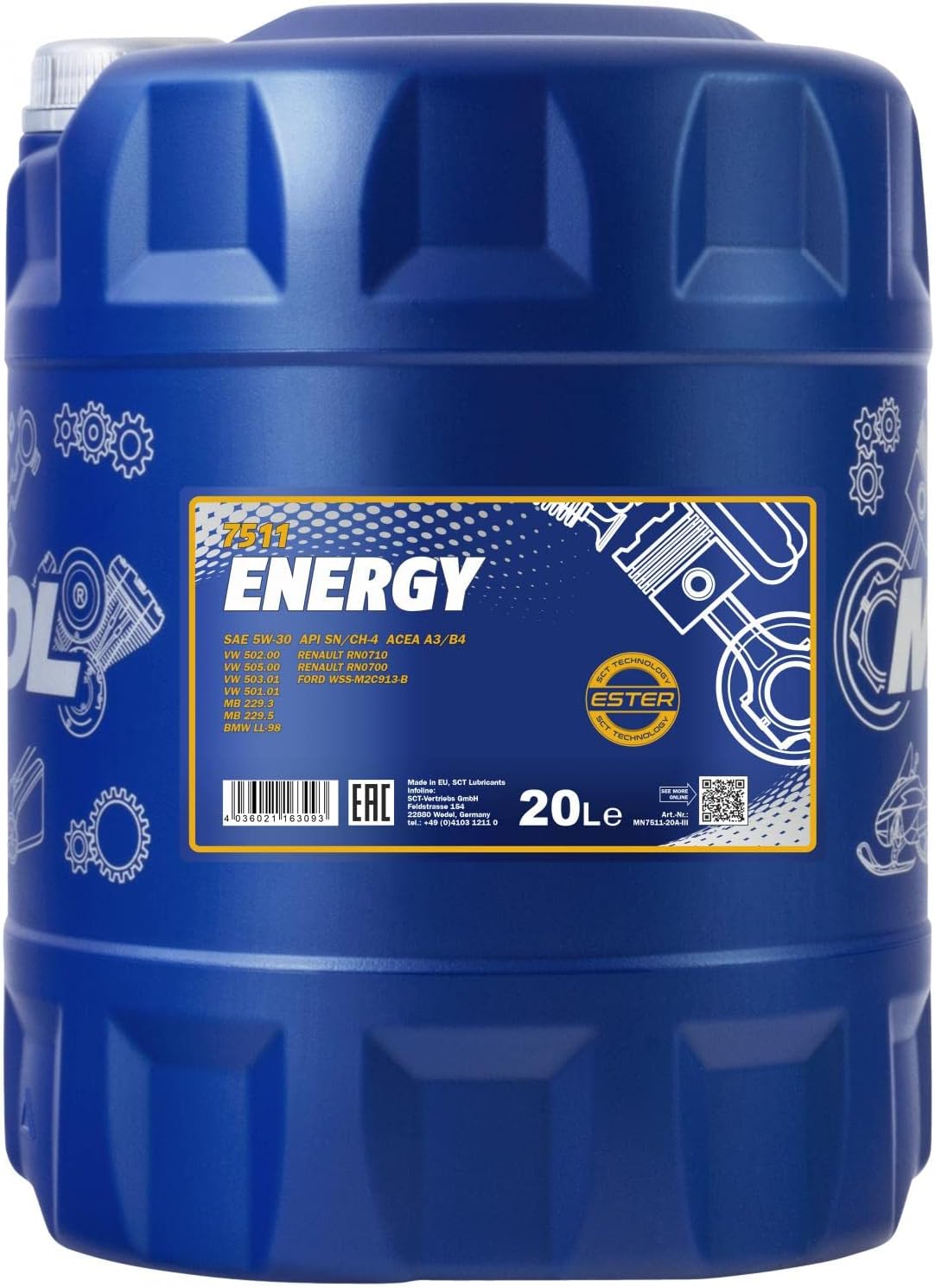 Mannol 20 Litre Energy 5W-30 Engine Oil 7511 API SN/CH-4 ACEA A3/B4 Universal Synthetic Ester Technology