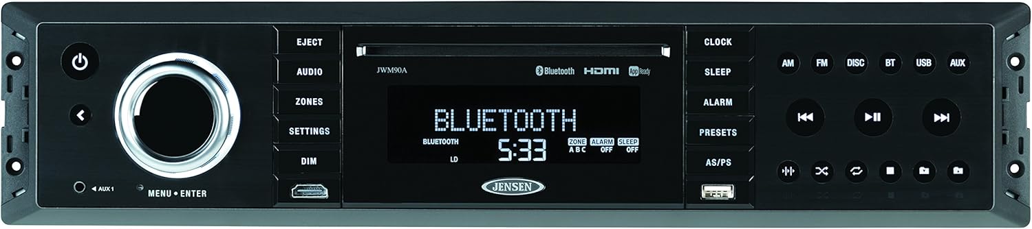Jensen JWM90A Slimline 3-Zone Source Theater-Style Bluetooth Wallmount Stereo with App Control, DVD/CD-R/RW & MP3 Compatible, Dual HDMI Video Output, HDMI ARC, USB Play MP3/WMA Files, Rear RCA In/Out