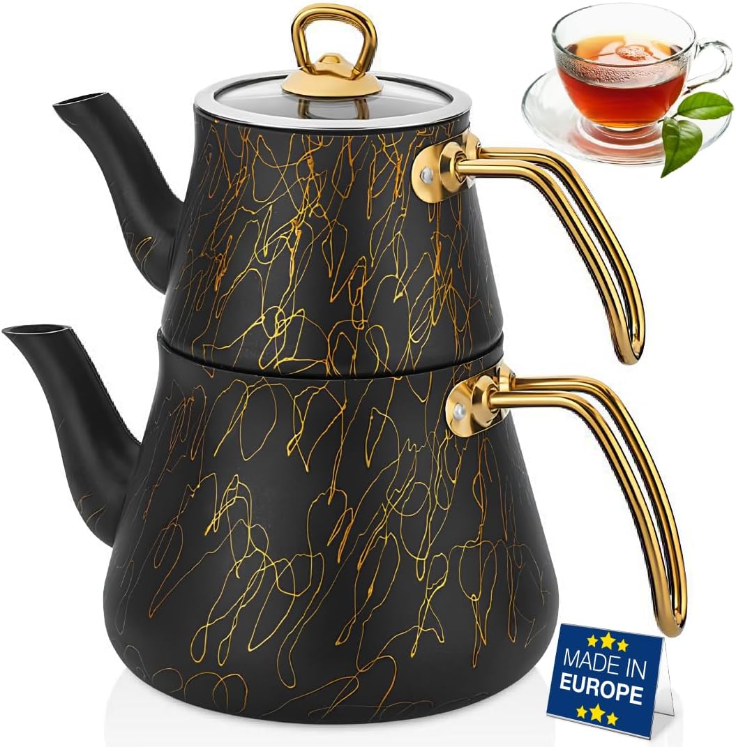 Hakan Black & Gold Avangarde Granite Teapot Set | Keeps Heat, Stovetop Safe, Stainless Steel Handle | Turkish Black Tea Pots with Gold Detail Design | 42.3 oz Tea Pot with Lid + 93 oz (Gold Handles)