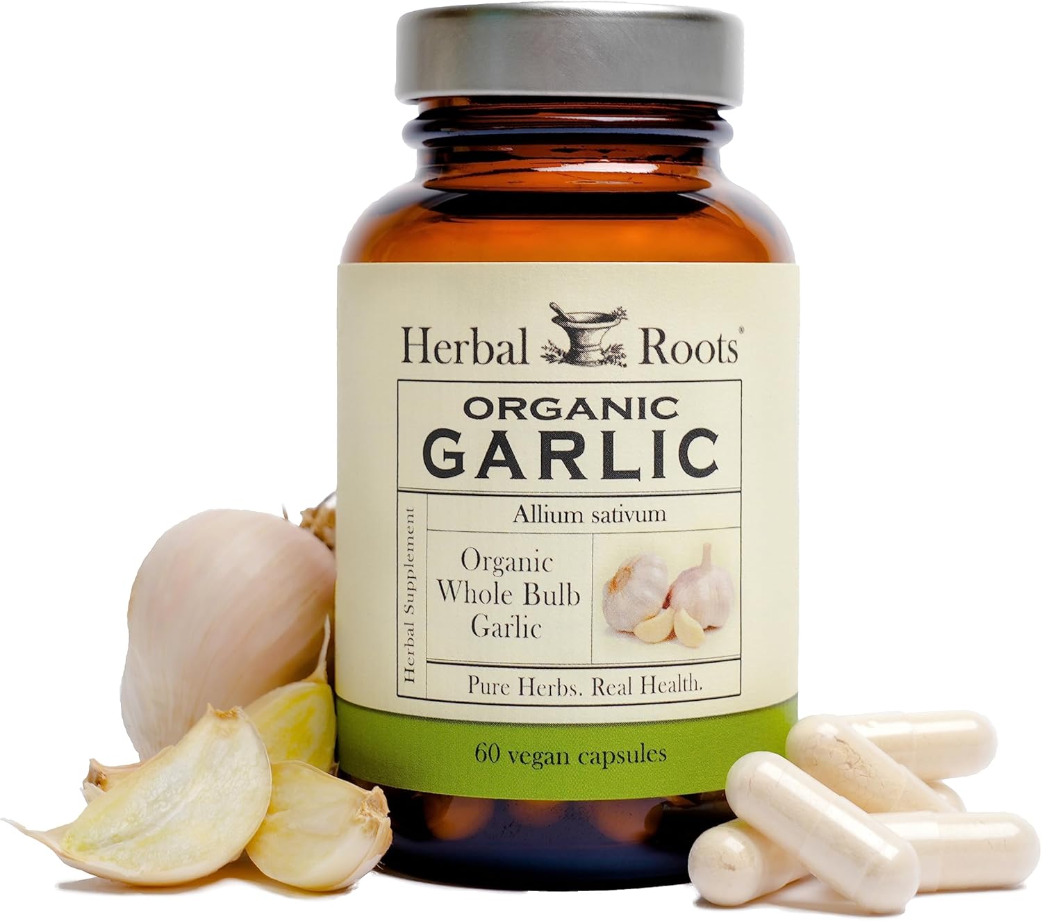 Herbal Roots Organic Whole Bulb Garlic Pills - Potent Extra Strength | 600 mg - 60 Organic Vegan Capsules