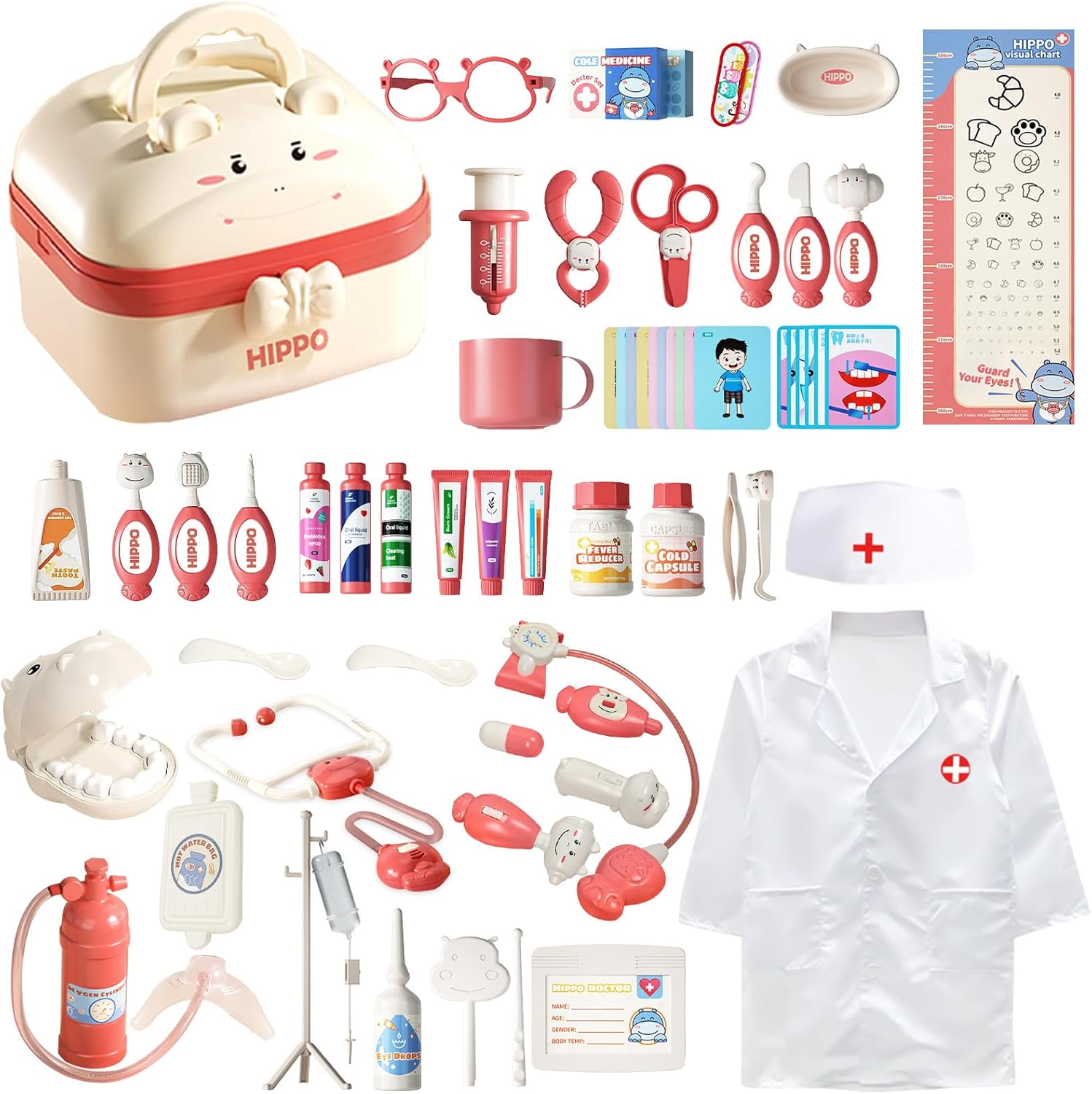 KalaDuck Doctors Set for Kids Age 3, 62PCS Toddler Doctors Kit with Dentist Toys, Outfit Clothes and Kids Stethoscope, Pretend Play Doctor Playsets, Role Play Toys Medical Gift (Pink)