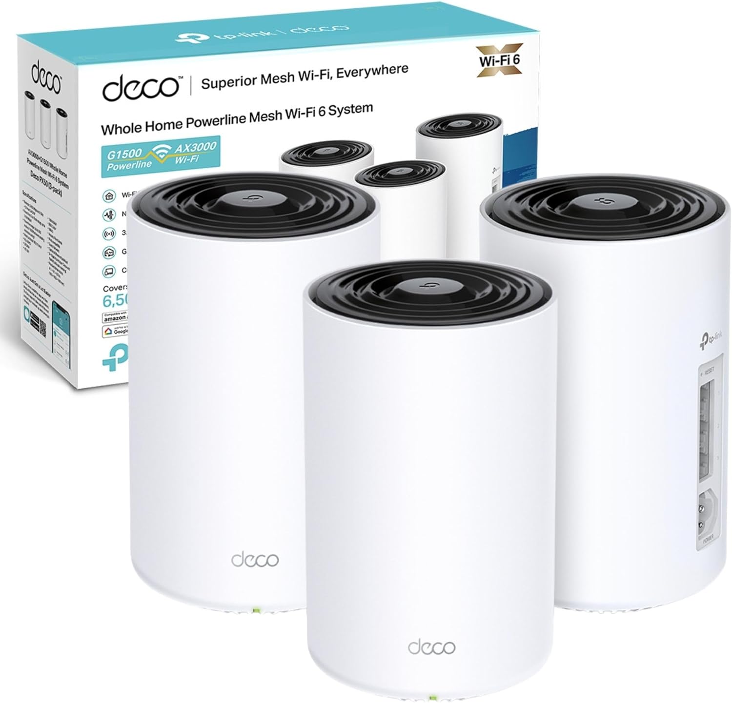 TP-Link Deco PX50(3-pack) AX3000Mbps + G1500 Powerline Mesh WiFi 6 System, Dual-Band WiFi Extender Booster, 3x Fast Gigabit Ports, AI-Driven Mesh, Cover up to 6,500 ft², Connect up to 150 devices