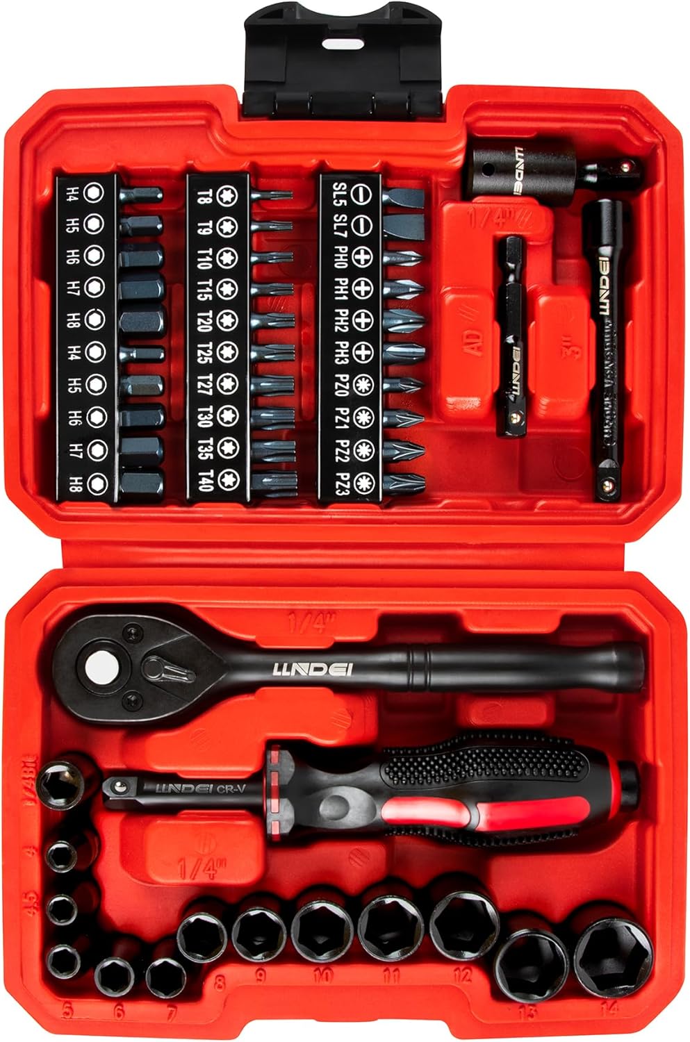 LLNDEI 48 Piece 1/4 Inch Mini Socket Ratchet Wrench Set, Metric Shallow Socket (4-14mm) 6-Point,with 72 Teeth Mini Ratcheting Wrench, Screwdriver Bit Set, Universal Joints and 3 Inch Extensions