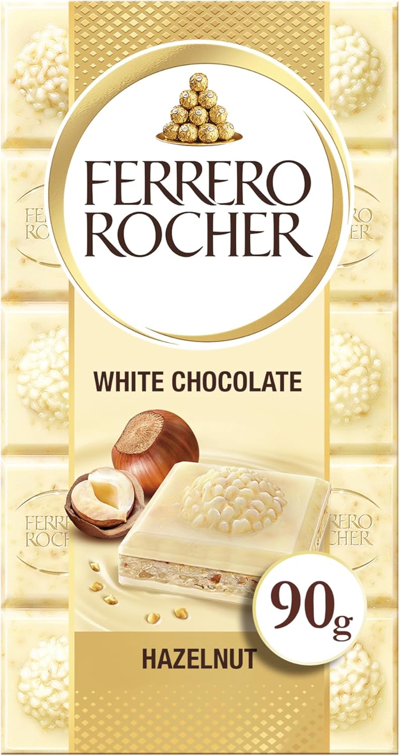 Ferrero Rocher White Chocolate Bar, Movie Night Snacks, Chocolate Gift with Crunchy Whole Hazelnut and Cocoa Filling, 90g