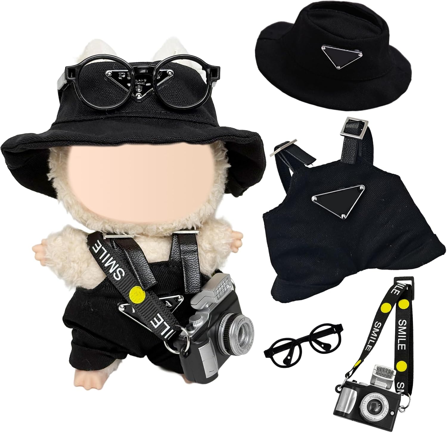3 Pcs Doll Clothes Compatible with Labubu 17cm Plush Dolls, Include 1 Leggings 1 Fisherman's hat 1 Camera 1 Glasses for Dolls Premium Outfit, Birthday Holiday Present for Girls Kids（No Doll）Black