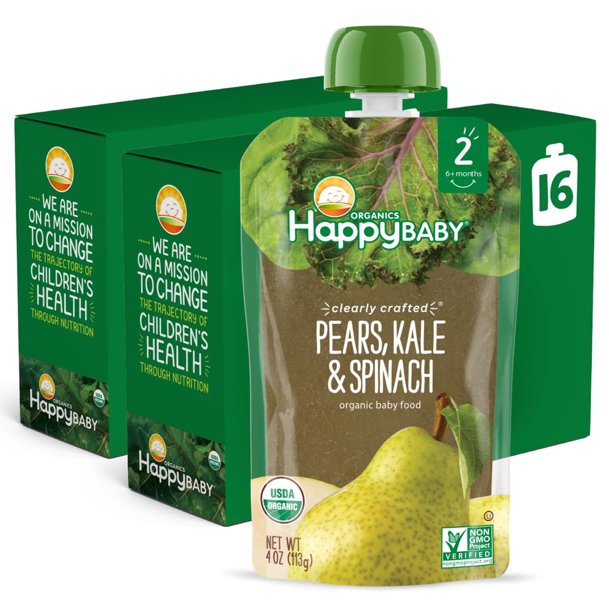 Happy Baby Organics Stage 2 Baby Food Pouches, Gluten Free, Vegan & Healthy Snack, Clearly Crafted Fruit & Veggie Puree, Pears, Kale & Spinach, 4 Ounces (Pack of 16)