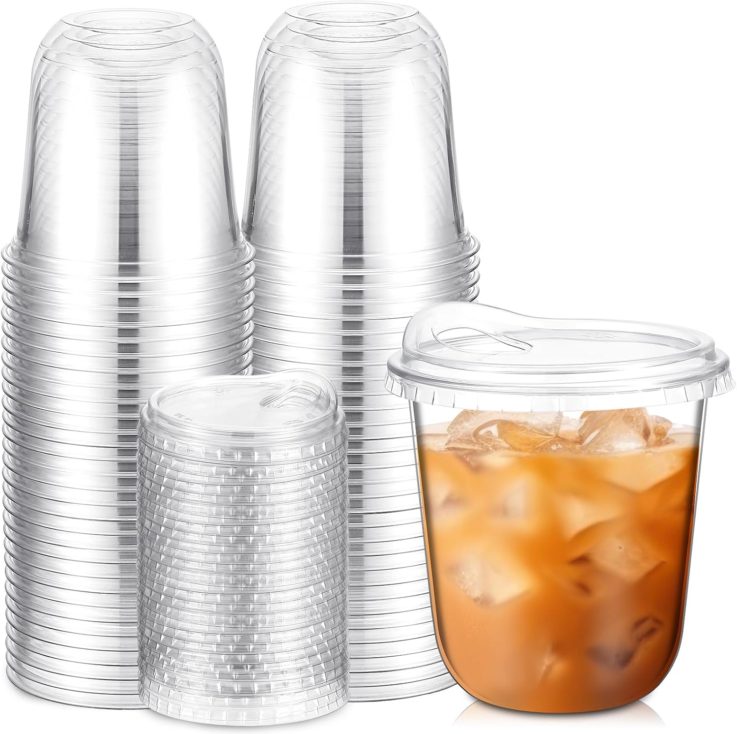 Baderke 50 Pcs Round Bottom Plastic Cups with Sip Lids Clear Disposable Iced Coffee Cups for Smoothie Cold Beverage Coffee Shops and Party Catering (12 oz,Clear)