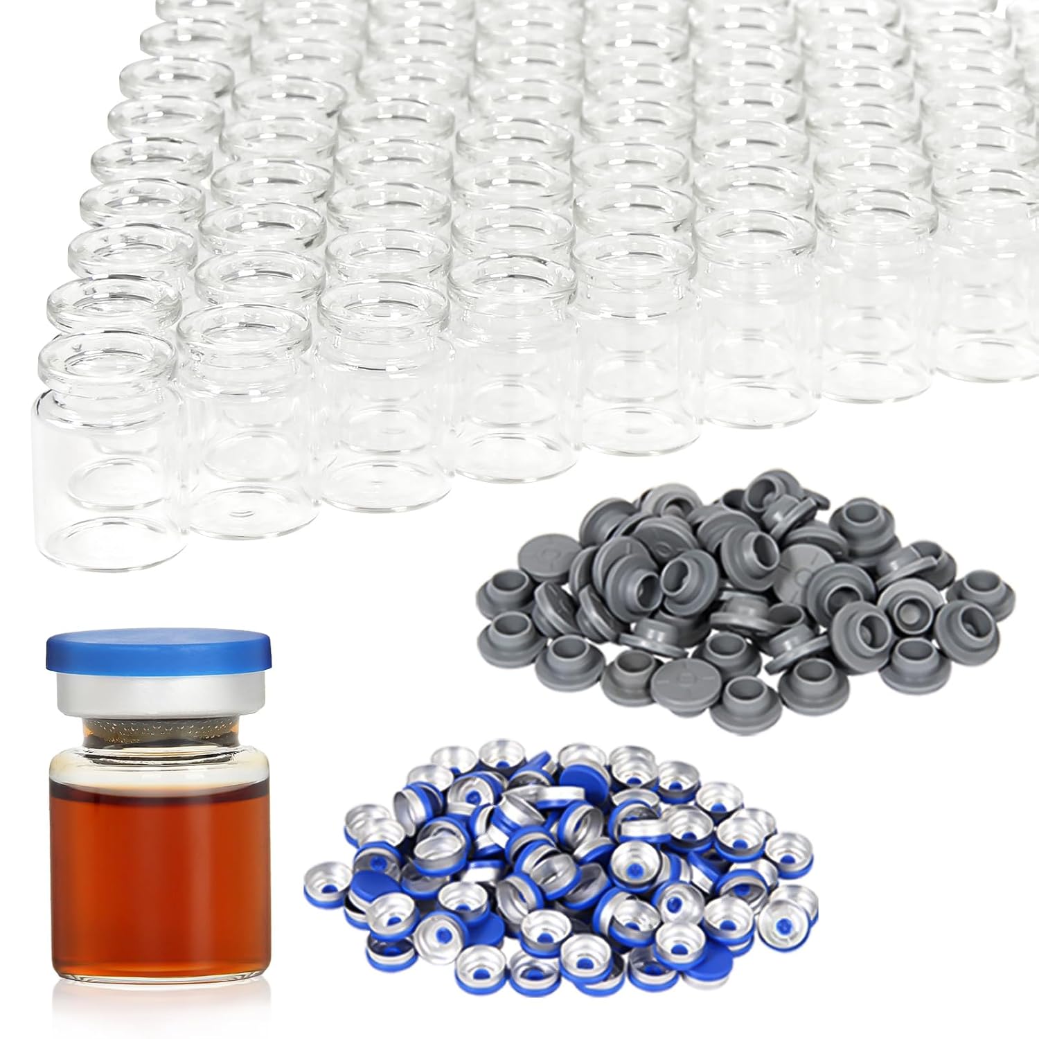 3ml Clear Glass Vials-1 Dram Clear Glass Headspace Vials with Plastic-Aluminum Flip Caps and Rubber Injection Stoppers, 100 Pack, 20mm Flat Bottom Lab Vial
