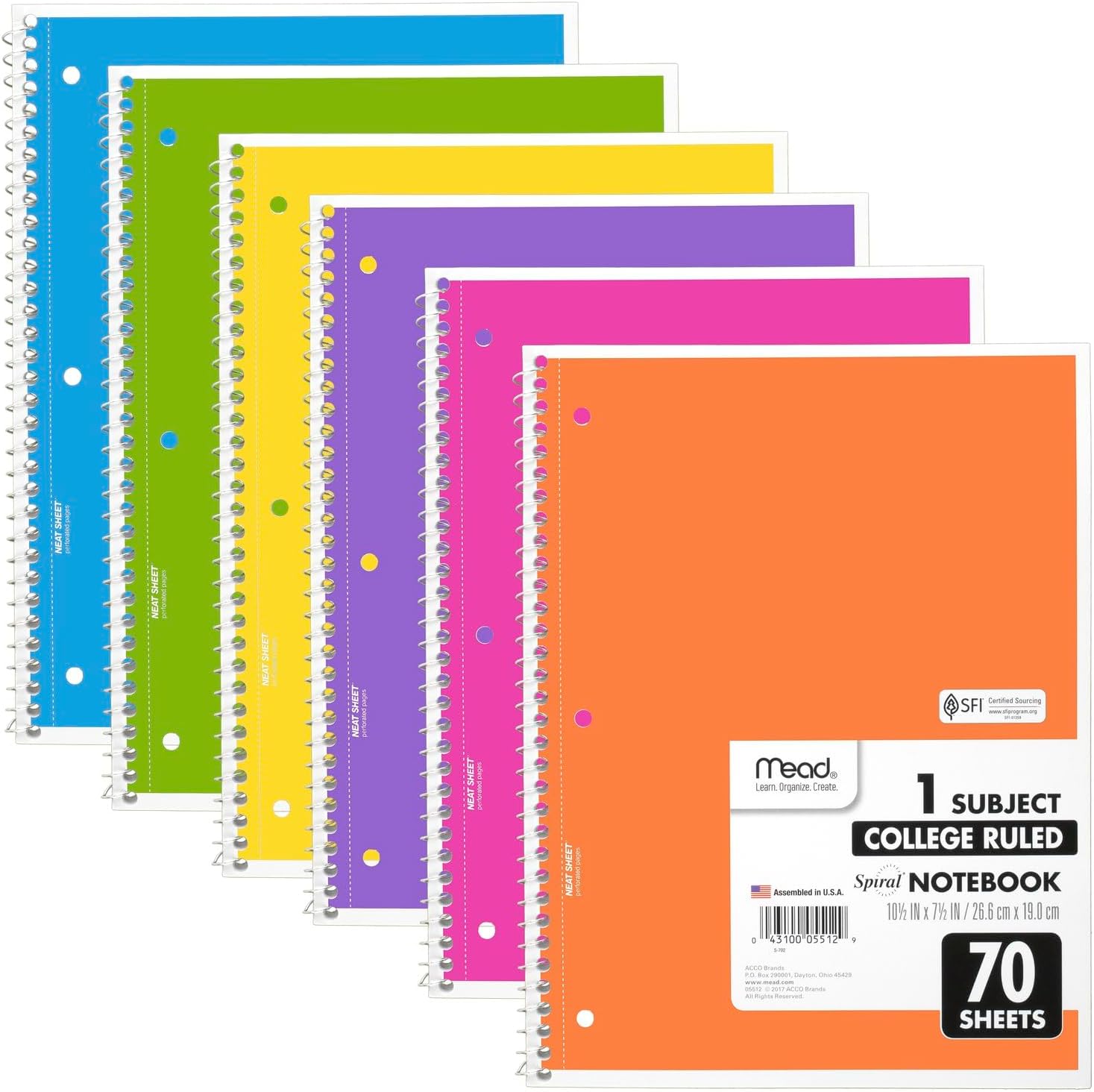 Mead Spiral Notebooks, 6 Pack, 1-Subject, College Ruled Paper, 8" x 10-1/2", 70 Sheets, Assorted Bright Colors (830050-ECM)