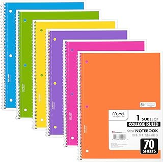 Mead Spiral Notebooks, 6 Pack, 1-Subject, College Ruled Paper, 8" x 10-1/2", 70 Sheets, Assorted Bright Colors (830050-ECM)