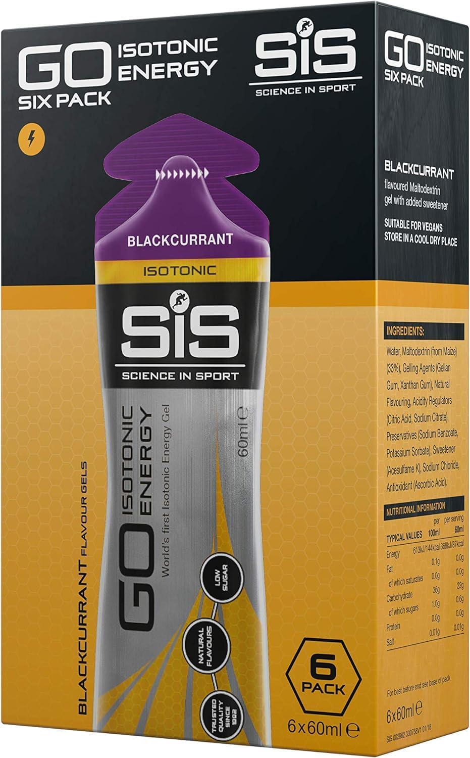 Science In Sport GO Isotonic Energy Gels, Running Gels with 22 g Carbohydrates, Low Sugar, Blackcurrant Flavour, 60 ml Per Serving (6 Pack)