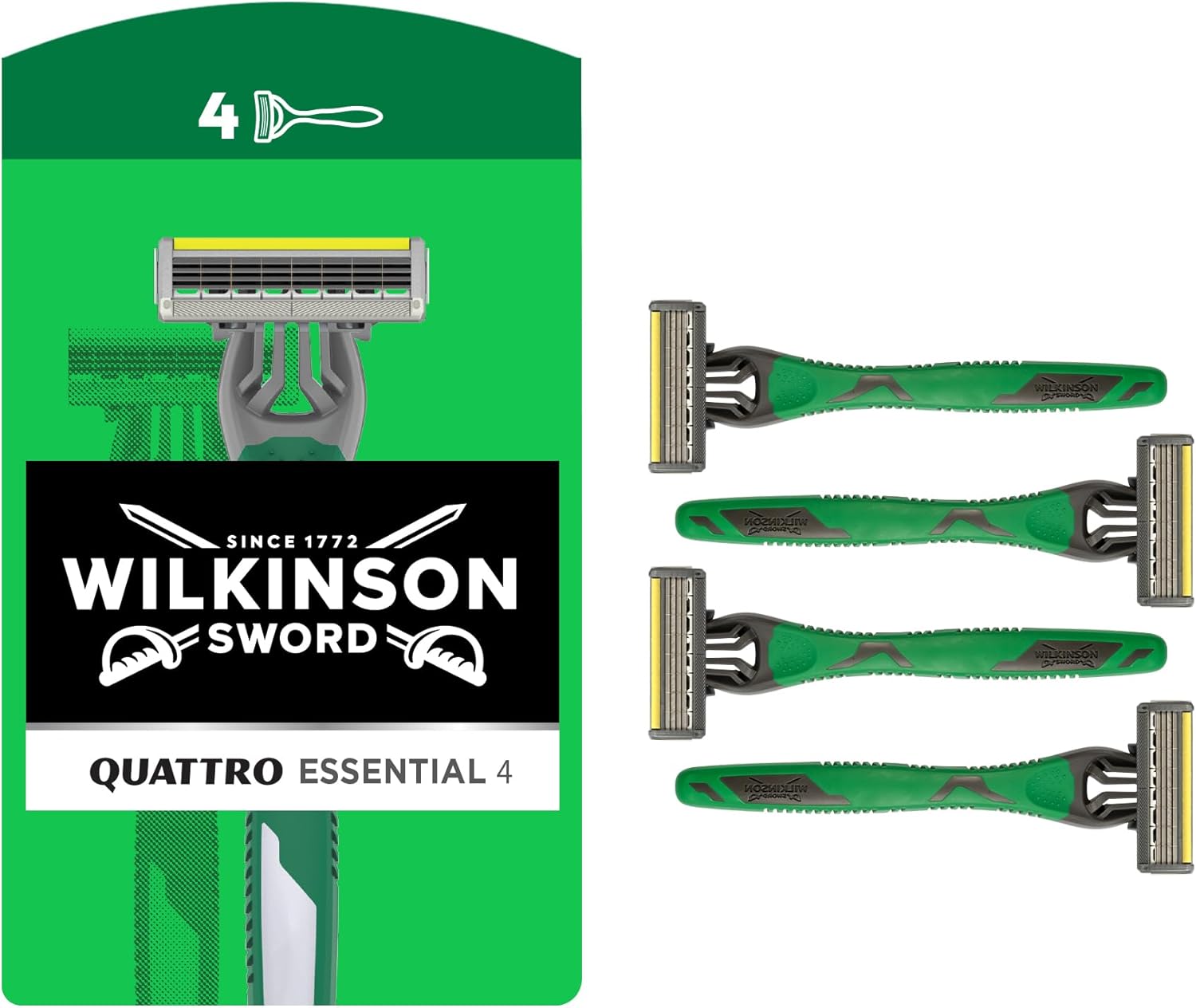 Wilkinson Sword Quattro Men's Disposable Razor for Sensitive Comfort, Great Addition to Wash Bags for Men's Grooming, Shavers for Sensitive Skin, 4 Pack