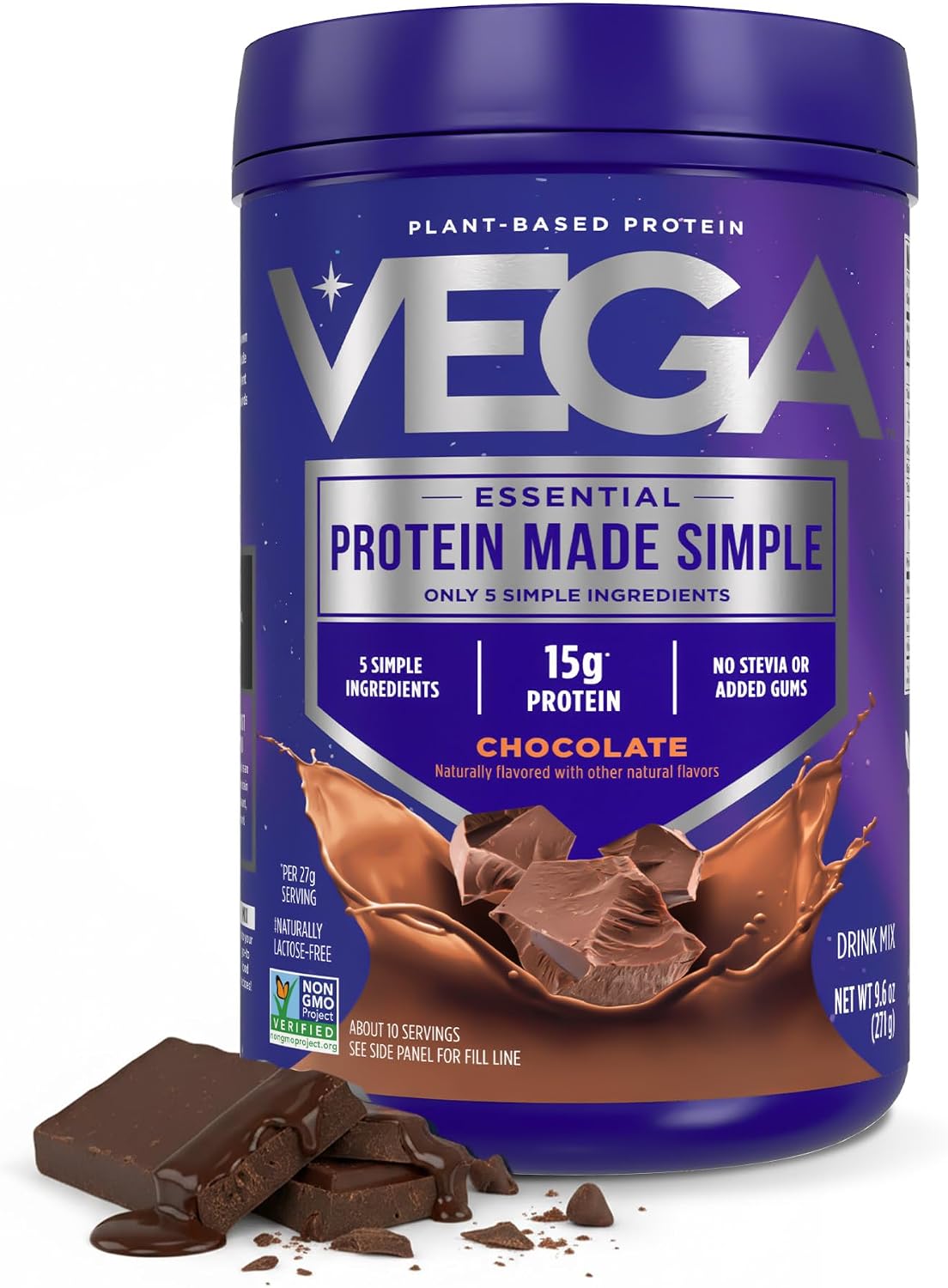 Vega Protein Made Simple Plant-Based Chocolate Protein Powder with 15g Protein – Stevia-Free, Clean Nutrition – 9.6 oz (10 Servings)