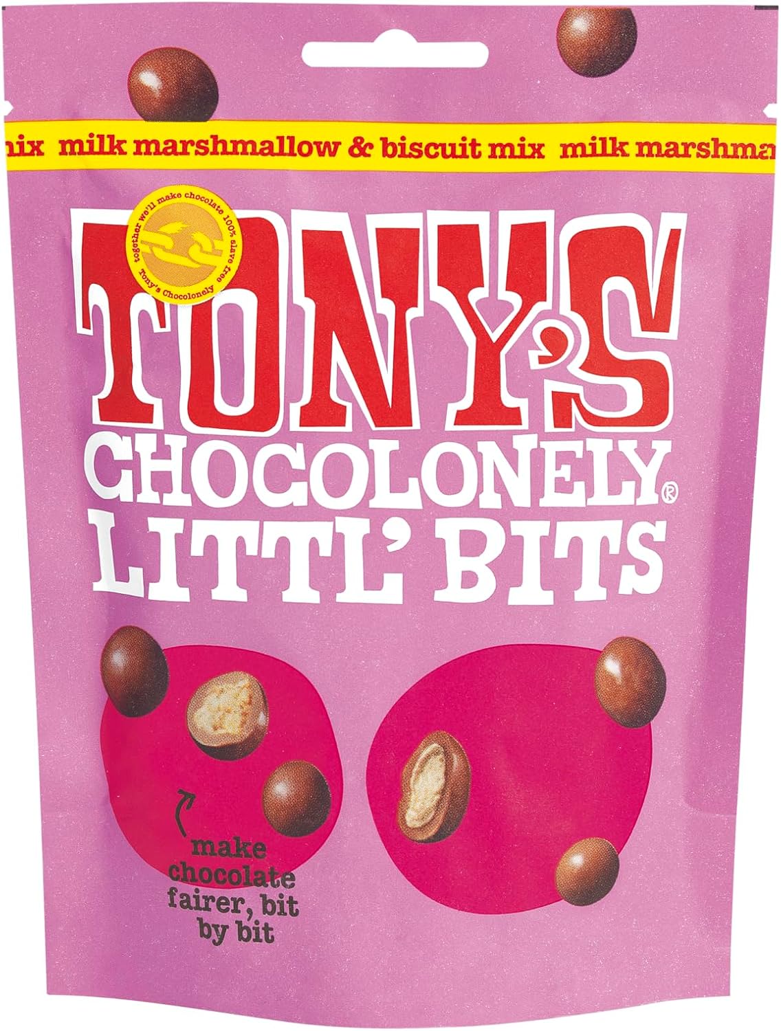 Tony's Chocolonely - Littl’ Bits Chocolate Mix Balls - Mini Milk Marshmallow Biscuit Chocolates in Sharing Pouch - 100g