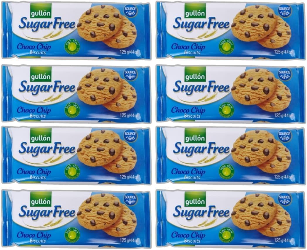 GULLON SUGAR FREE COOKIES 125g - Diabetic Friendly Biscuits, Chocolate Chips Cookies | Sugar free Biscuits & Cookies Perfect for Gifting | Sugar Free Diet, Sugar Free Snacks, (Pack of 1 (8 x 125g))