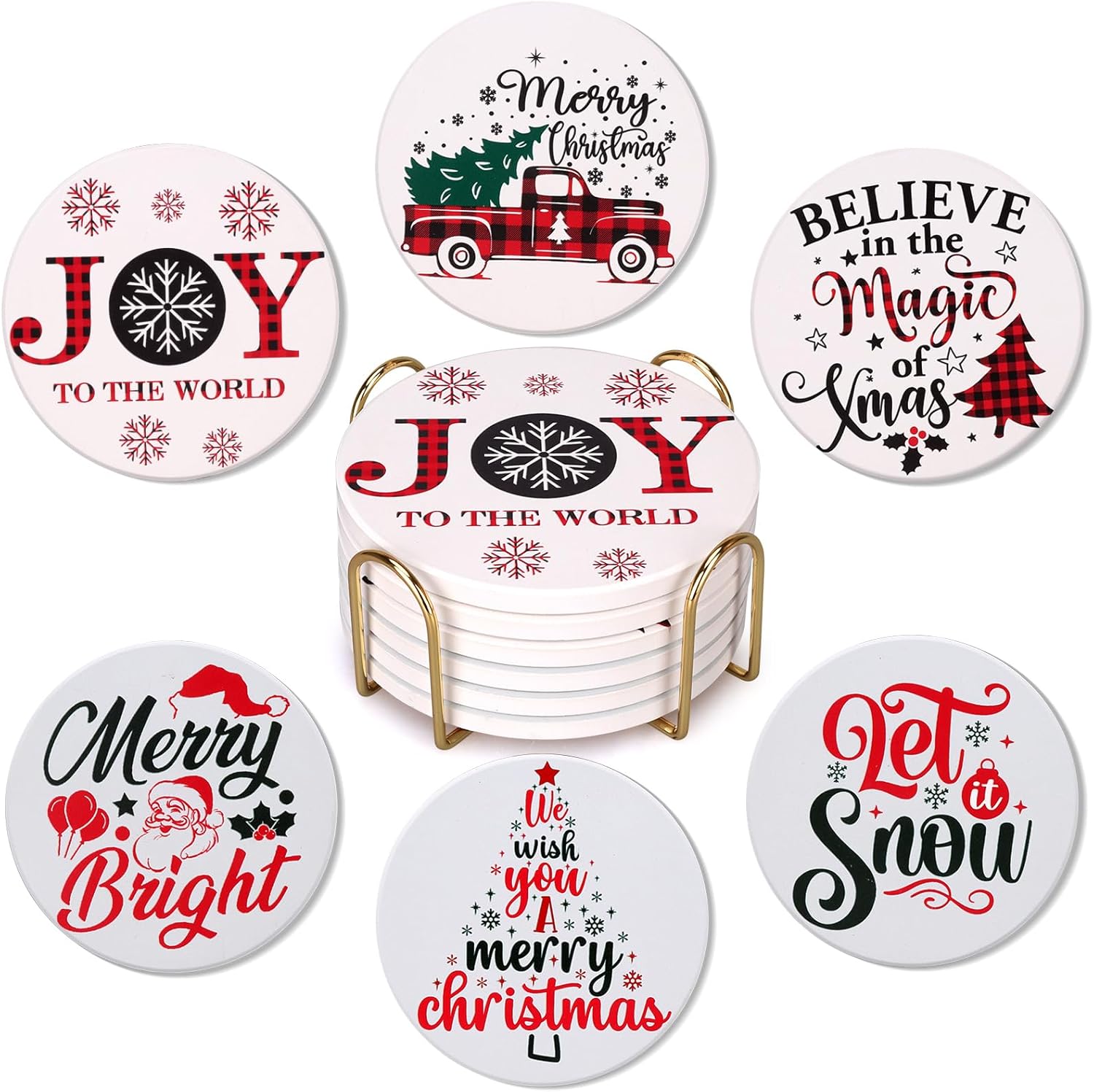 Christmas Coasters Set of 6 Christmas Drink Coasters with Holder Round Ceramic Coaster Gifts Absorbent Coasters for Bar, Holiday, Coffee Table Decor