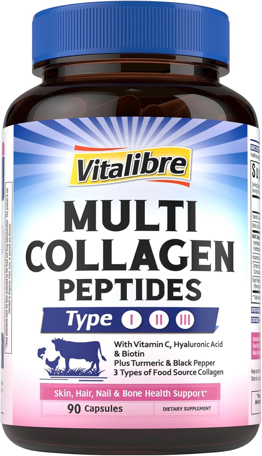Multi Collagen Peptides, Hydrolyzed, Type I, II, III, Vitamin C, Biotin, Hyaluronic Acid, Turmeric & Black Pepper, Skin, Hair, Nail & Mobility Support, Non-GMO, 90 Caps