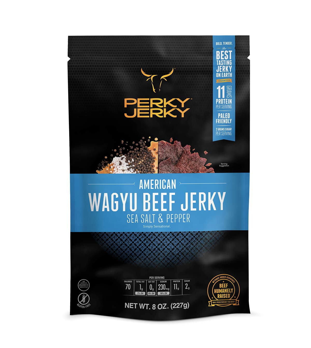 Perky Jerky Wagyu Beef Jerky, Sea Salt & Pepper, 8 oz Bag - 200mg sodium - 12g Protein per serving - Low Fat - 100% US Sourced - Tender Texture
