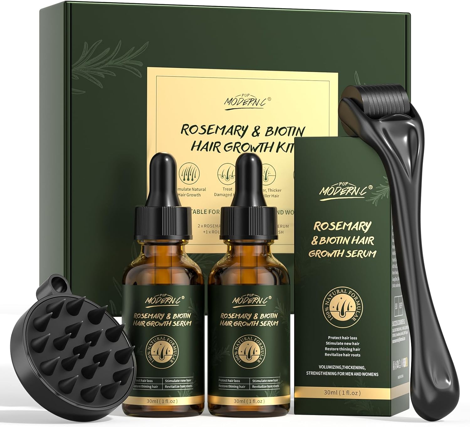 Rosemary & Biotin Hair Growth Oil, Rosemary Oil Hair Growth Serum with Derma Roller & Scalp Massager Hair Thickening Products Reduces Hair Loss Hair Fall Control | for Men & Women | 30 ml Pack of 2