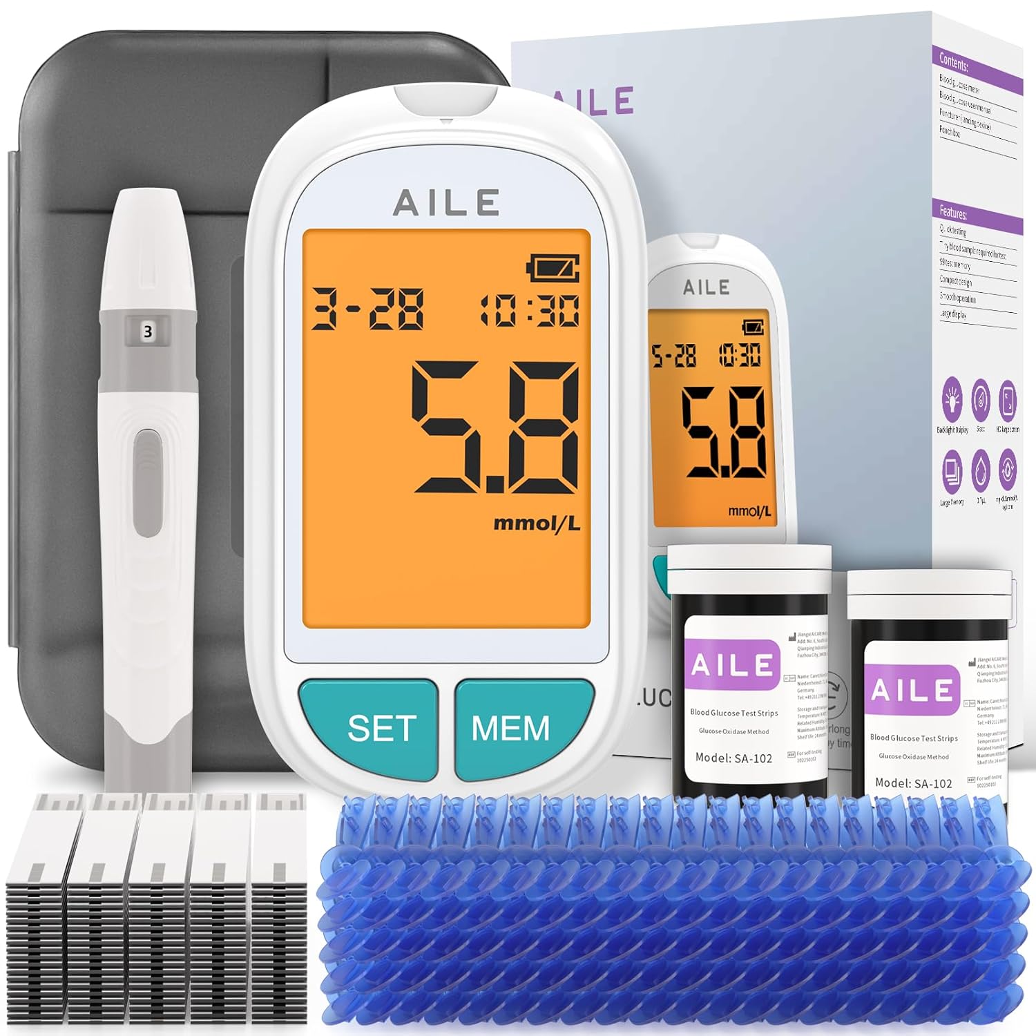AILE Blood Glucose Monitor Kit, 50 Glucometer Strips, 50 Lancets, 1 Blood Sugar Monitor, Blood Sugar Test Kit with Voice Broadcast, Diabetics Meter for Home Use Test, No Coding, Large Display (A616)