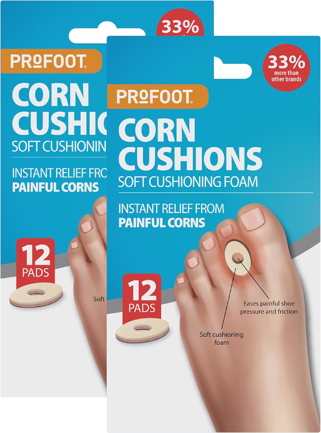 Profoot Corn Cushions - 12 Cushioning Pads - Instant Relief from Painful Corns - Super Soft Cushioning Foam Pads for Pressure Relief - Self Adhesive Pads (2 Pack)