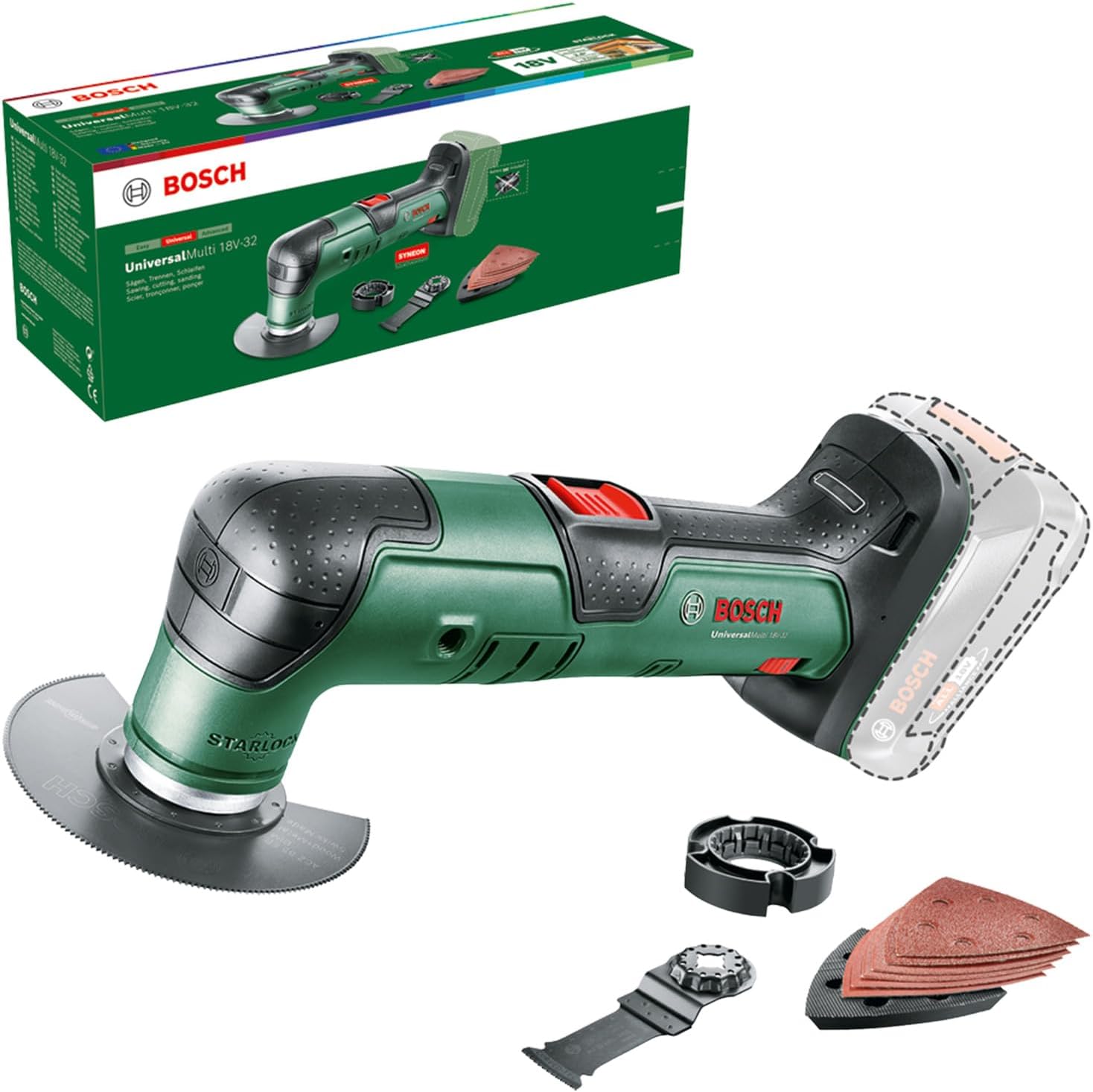 Bosch Cordless Multifunction Tool UniversalMulti 18V-32 (for Repairing and Adjusting; 1x Saw Blade, 1x Cut Blade, 1x Sanding Plate, 6X Sanding Sheets, 1x Allen Key; Without Battery)