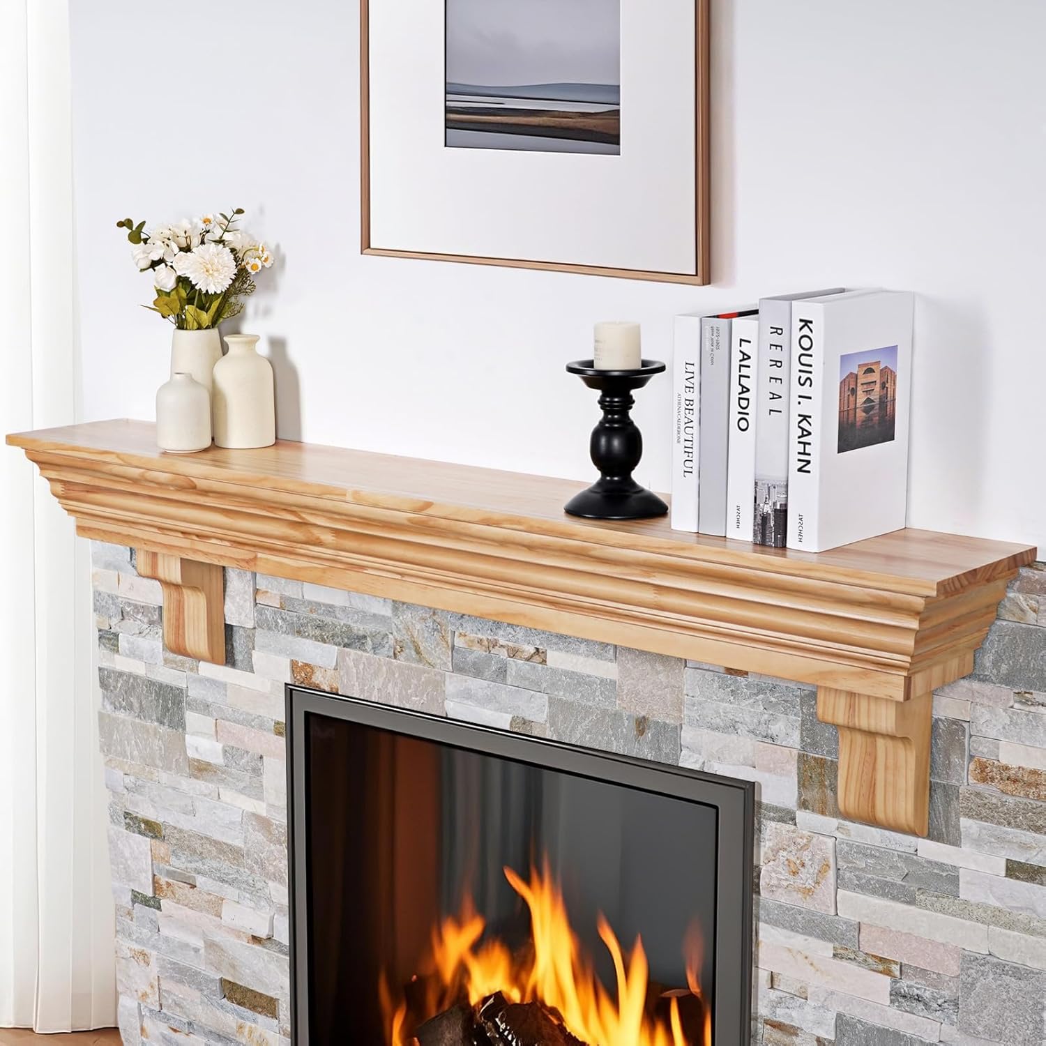 Wood Fireplace Mantel with Corbels - 54 Inch Rustic Floating Mantel Shelf for Living Room, Wall-Mounted Solid Fireplace Mantle with Angled Ends Decor for Bedroom, TV, Books, Natural
