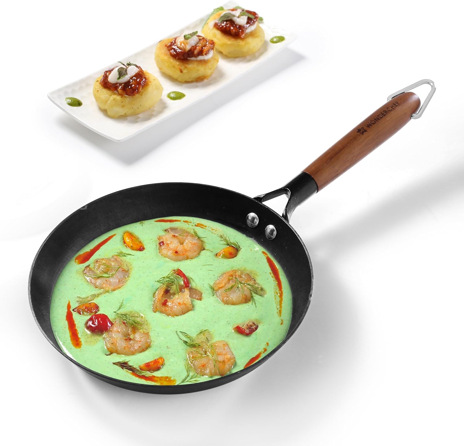 Wonderchef Pre-Seasoned Ferro Light 20cm Cast Iron Fry Pan 800 ml Acacia Wooden Handles Gravity Moulding Technology No Chemical Coating 10 Year Warranty30 cmBlack