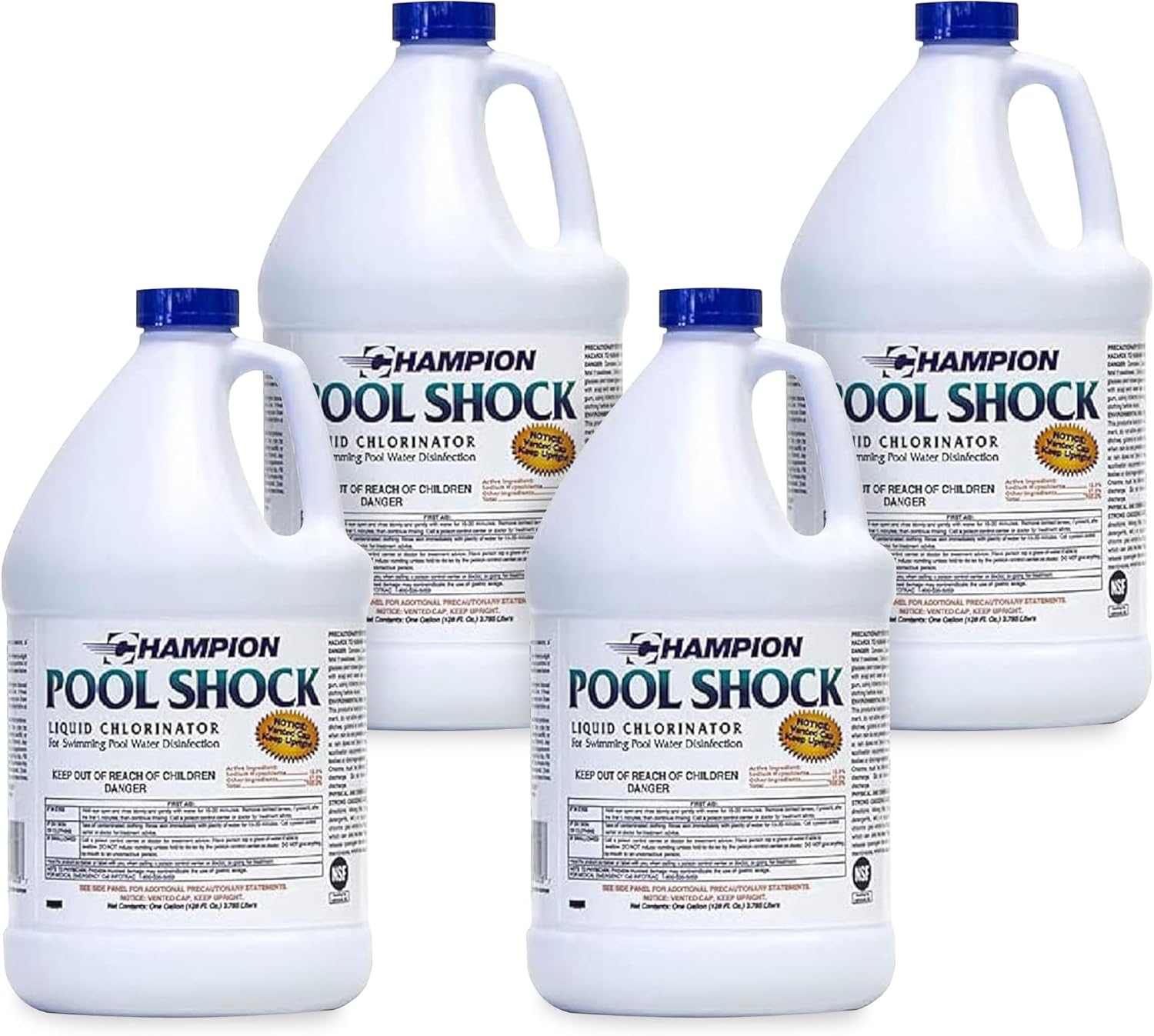 CPDI Champion 4-Pack Pool Shock, 12.5 Liquid Chlorinator for Swimming Pools, 1 Gallon Each - Fast-Acting Sodium Hypochlorite Sanitizer, Ready to Use, Non-Staining, Non-Scaling, Commercial Grade