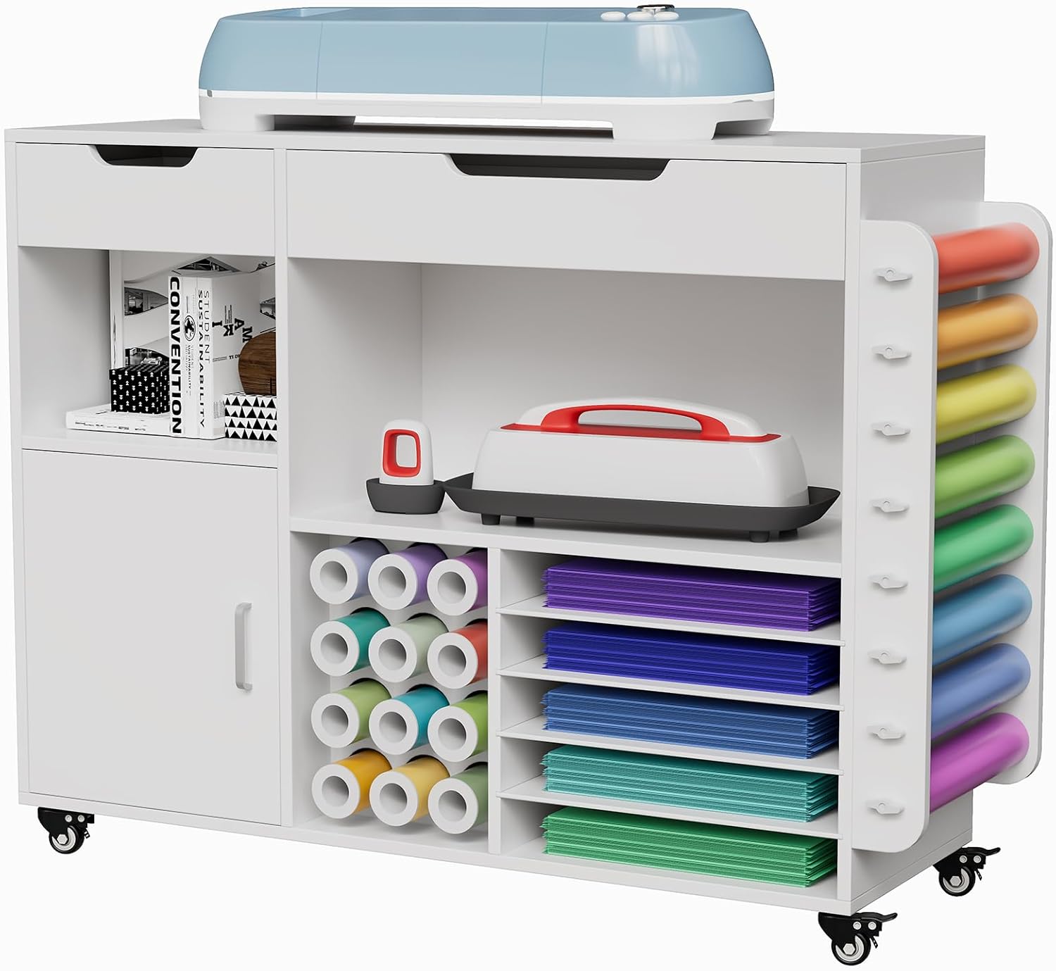 Craft organization and storage Cart Compatible with Cricut Machine, Rolling Craft Organizer With lDual Drawers & Cabinet Door, Vinyl Roll Holder, and Spacious Compartments (Extra Large)