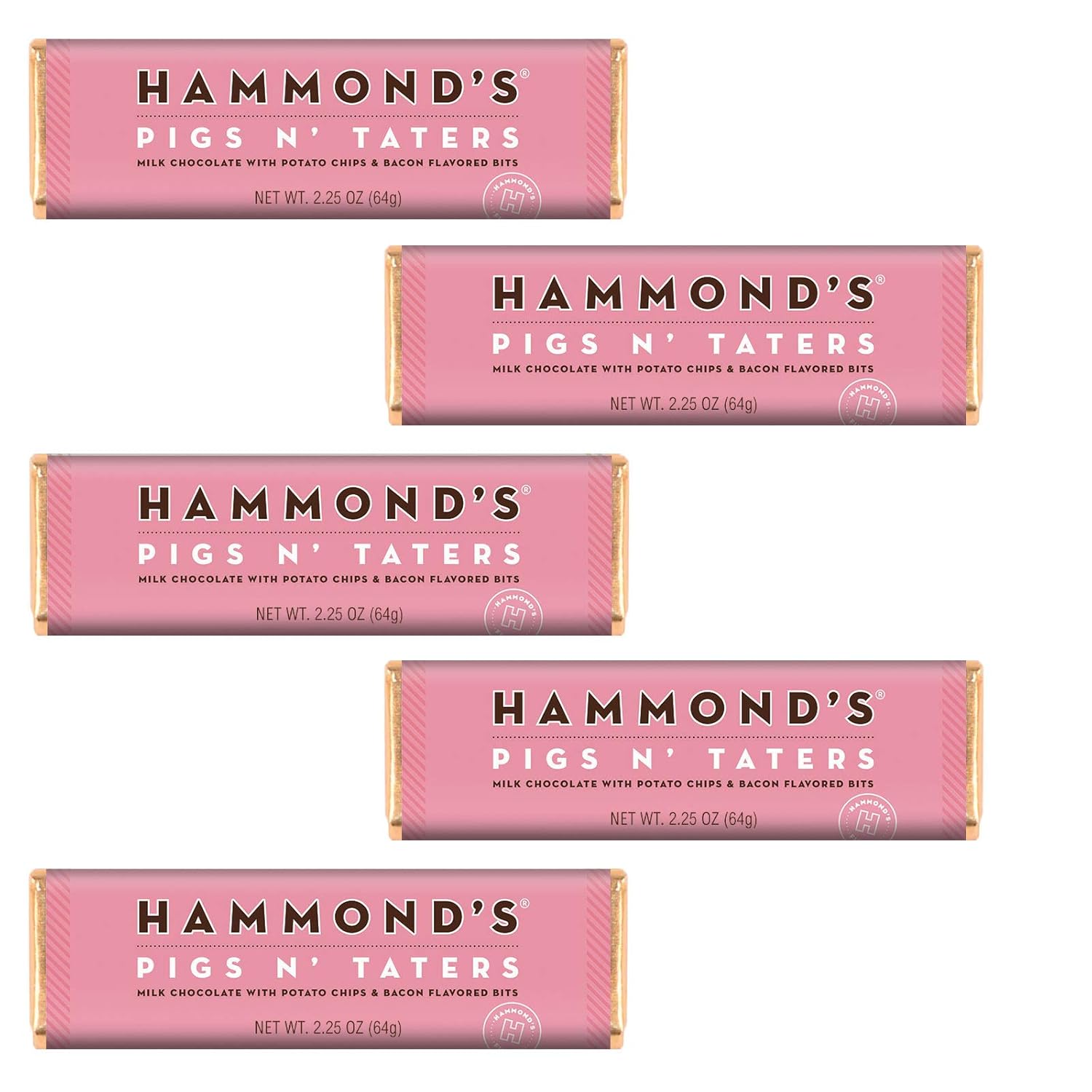 Hammond's Candies Gourmet Chocolate Candy Bars – Pigs N' Taters | Milk Chocolate, Potato Chips, Bacon Flavored Bits, Salty, Sweet and Savory Chocolate Bar, Handcrafted in the USA | Pack of 5