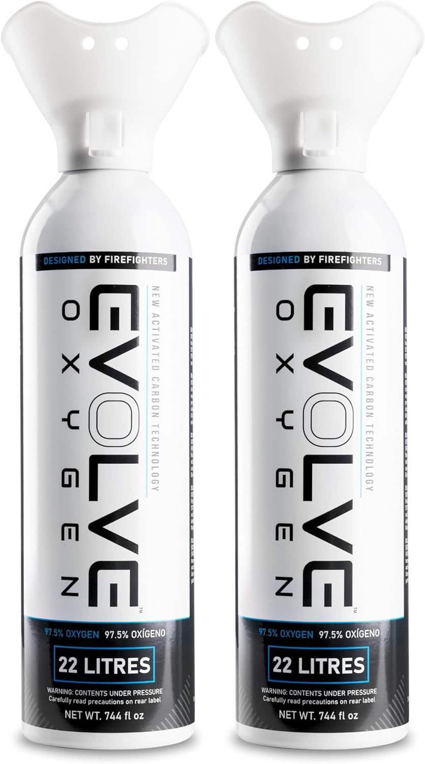 EVOLVE 22-Litre Pure Oxygen Canister with Breathing Cup | Portable Oxygen Can | Ideal for Home Use and Outdoor Activities | Designed by Firefighters | Made in Britain | Pack of 2