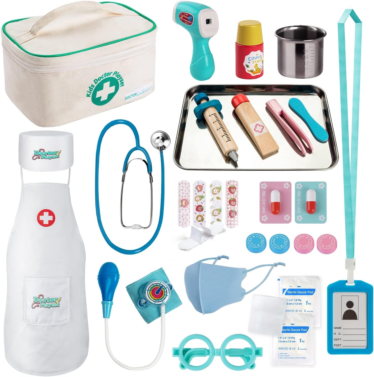 EFO SHM Kids Doctor Sets Role Play Toys Dentist Doctor's Case Children's Medical Wooden Toy with Real Stethoscope Doctor's Coat for Boys Girls