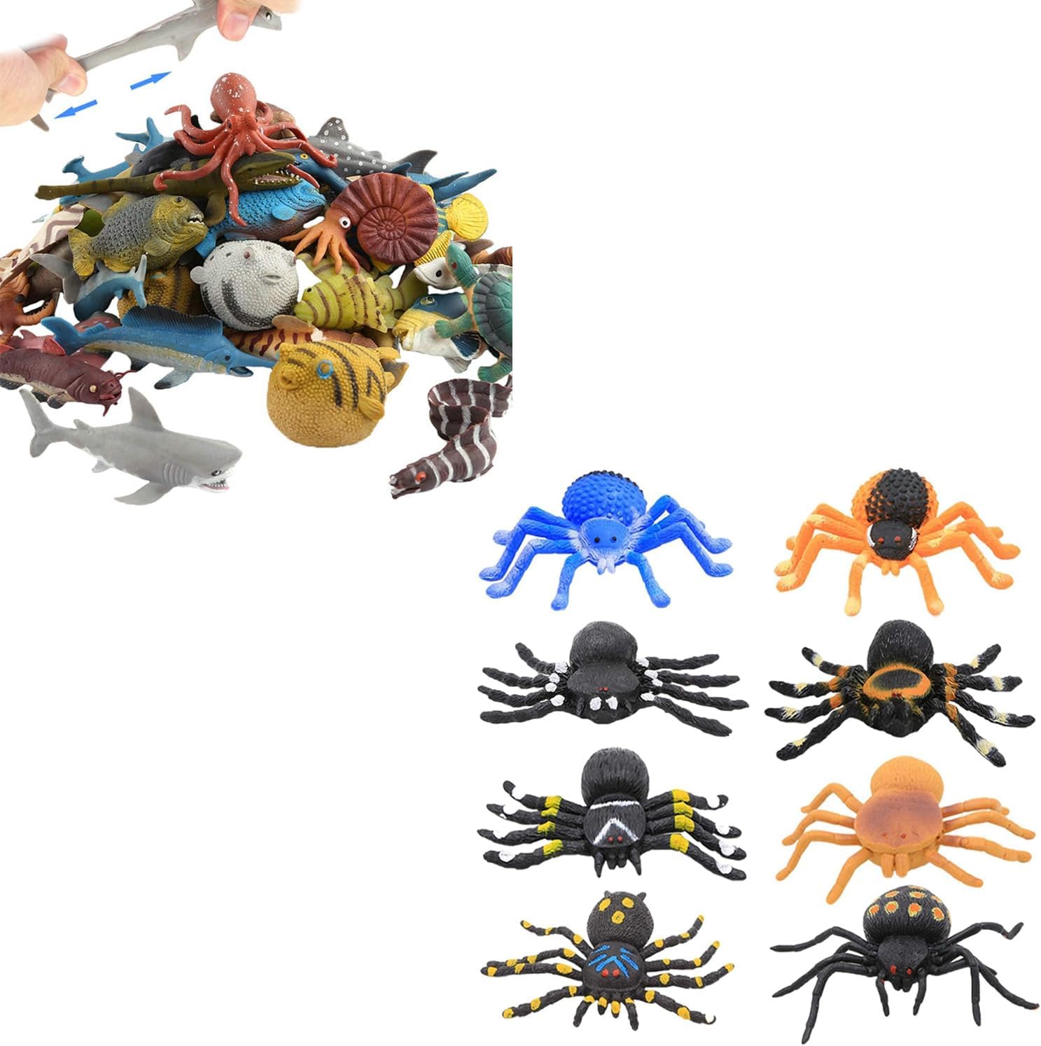 ValeforToy 18 Pcs Mini Ocean Animal and 8 Pcs 5-inch Spider Rubber Figure Set