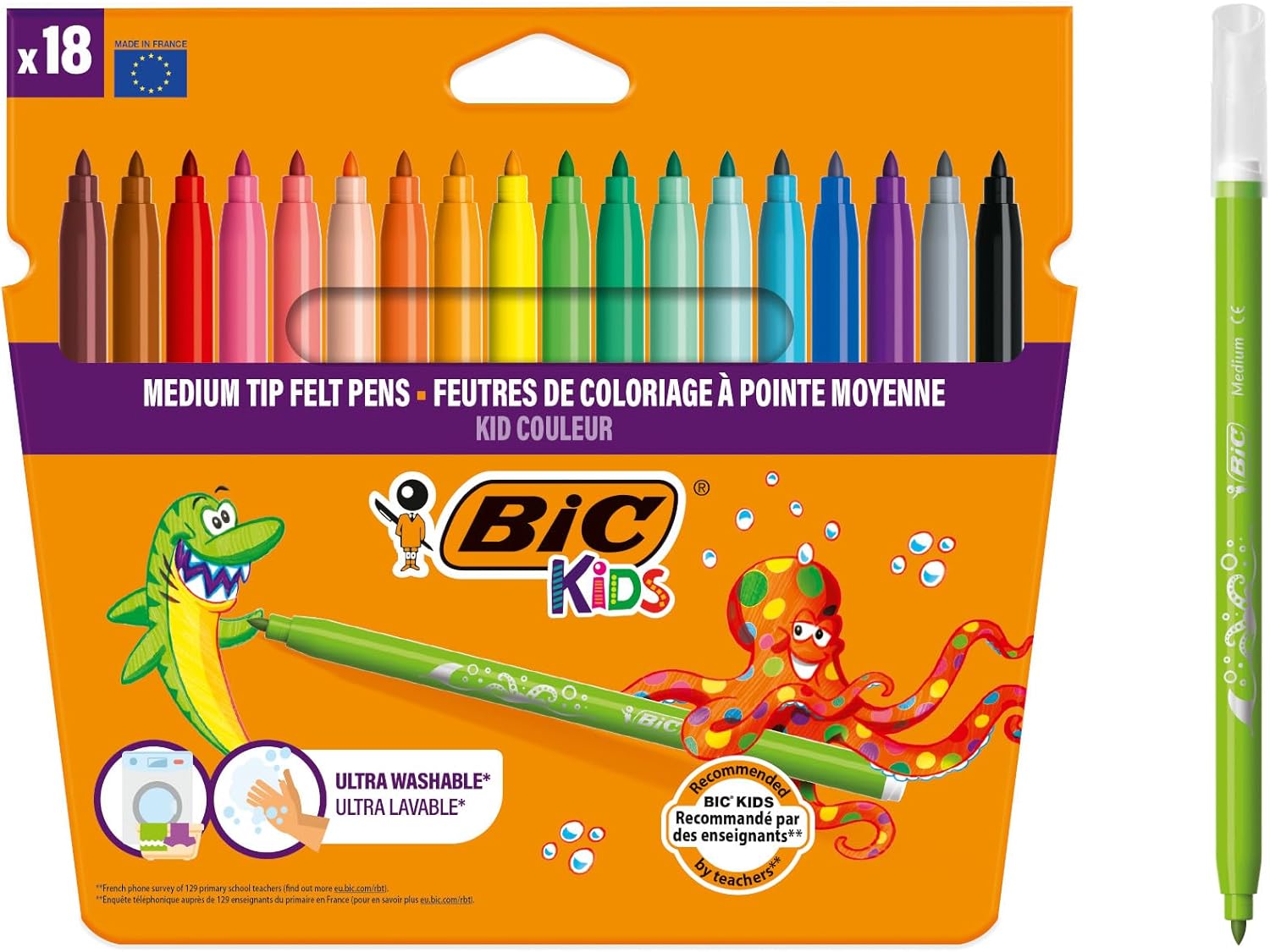 BIC Kids Kid Couleur Felt Tip Colouring Pens - Assorted Colours, Water-Based, Cardboard Wallet of 18
