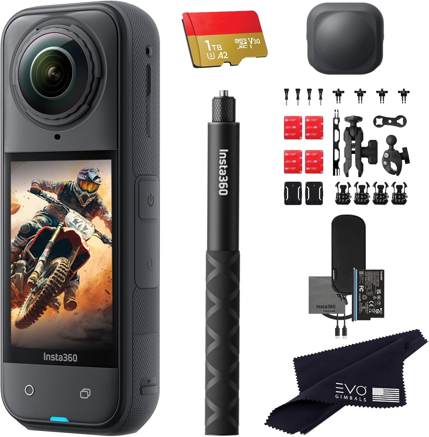 insta360 X5 Motorcycle Bundle-8K Waterproof 360 Action Camera with 1/1.28" 48MP Sensors, 8K 360 HDR Video, 72MP, 4K Single-Lens |Bundle Includes Motorcycle Bundle, Selfie Stick, Lens Cap (1TB)