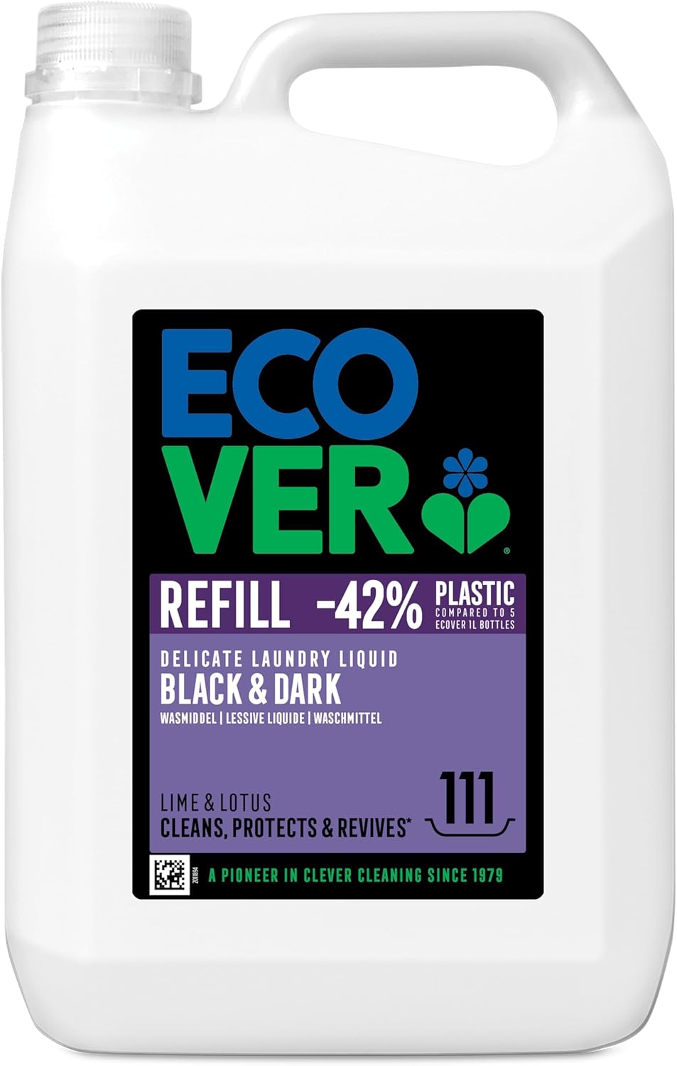 Ecover Delicate Bio Laundry Detergent Refill, Black and Dark Laundry Washing Liquid, Fresh Lime & Lotus, 111 Washes, 5L