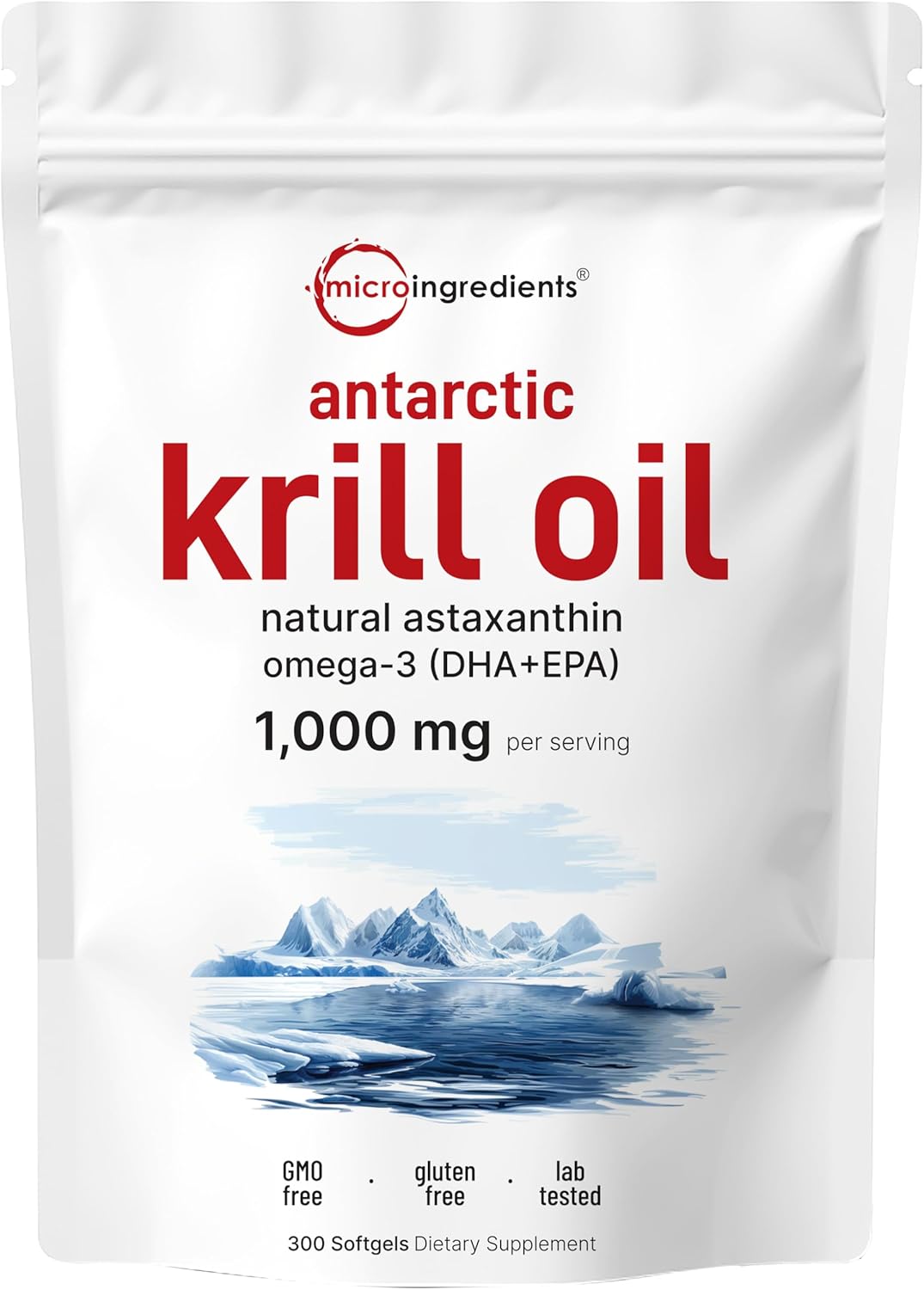 Micro Ingredients Antarctic Krill Oil Supplement with Natural Astaxanthin, 1000mg Per Serving, 300 Soft-Gels, Rich in Omega-3s EPA & DHA, Supports Immune System & Brain Health, Easy to Swallow